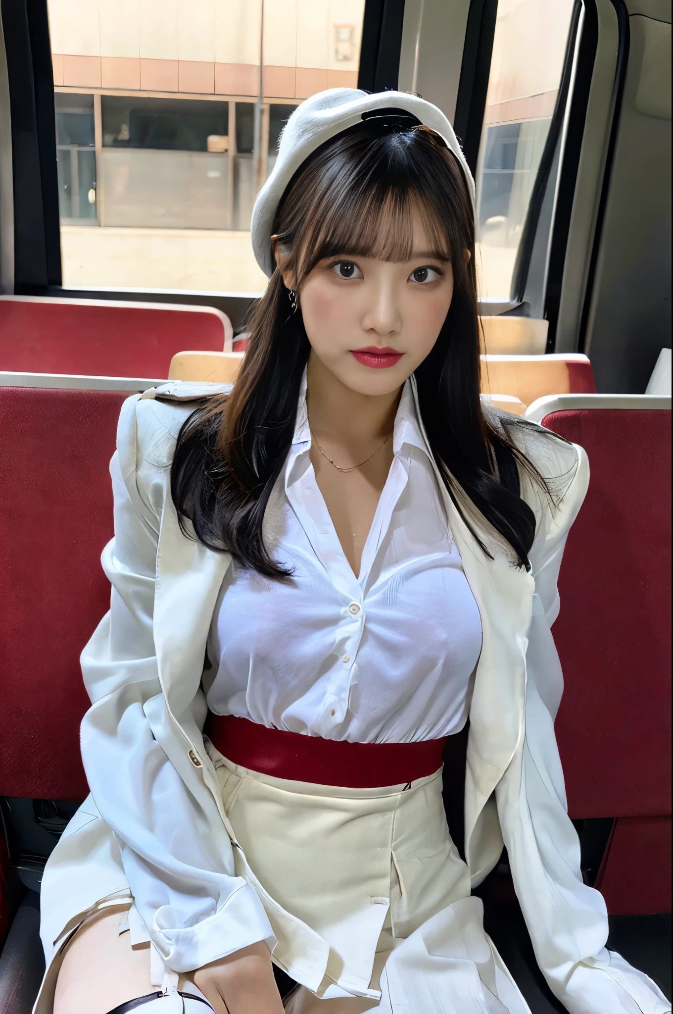 1 female、solo、(Super beautiful)、(beautiful face:1.5)、bus guide、(spread your legs)、(showing white panties:1.1)、bus guideユニフォーム、(white collared shirt:1.5)、(Tailored jacket:1.4)、(mini skirt:1.3)、(Satin scarf:1.5)、(Thin white gloves)、high heels、hat、(Bus seats)、(At NSFW:1.6), flirting with camera, closeups cleavage, adult photo, transparent top, transparent pants, raw photo, horny eyes, slutty dress, exposed nipples, 