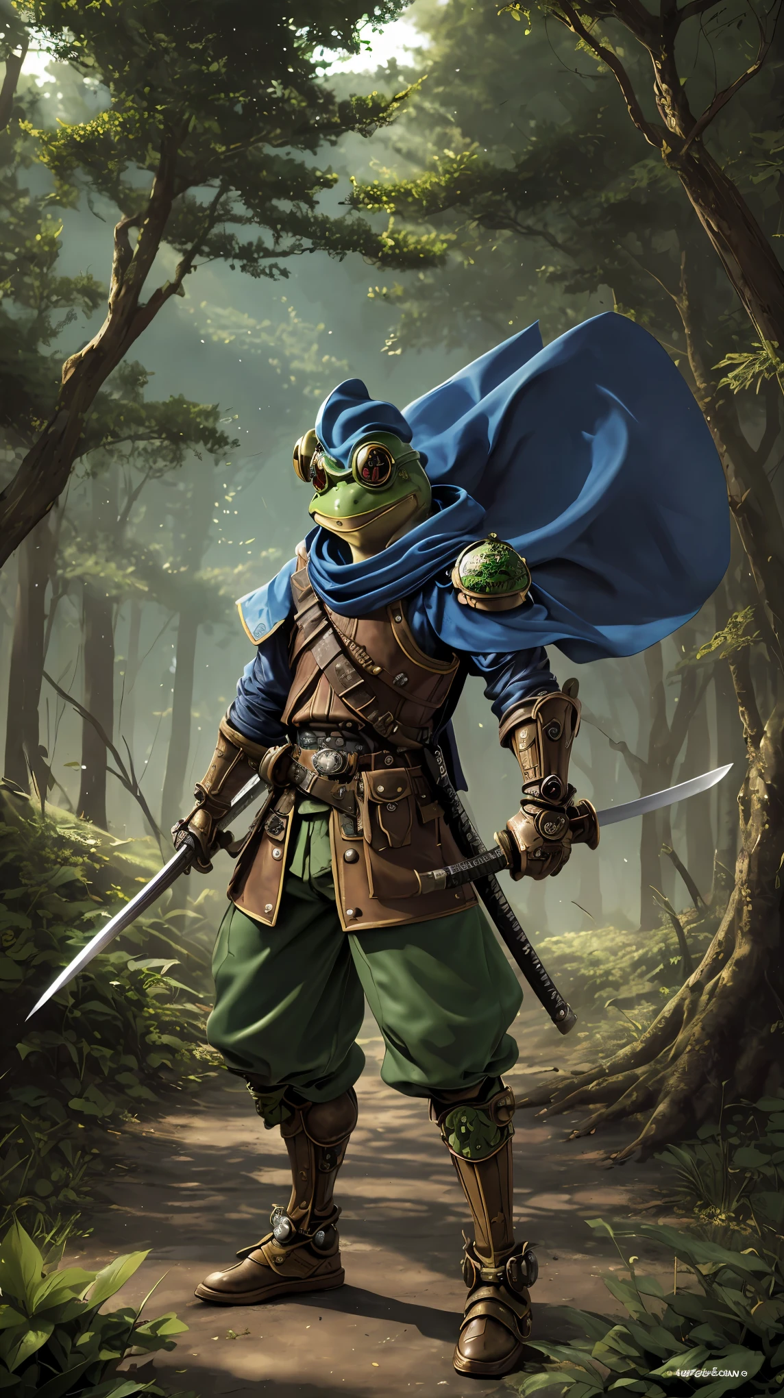 Frog knight. Steampunk. Frog from chrono trigger. Awesome frog warrior. Masamune samurai sword. -helmet. -hood. Forest background