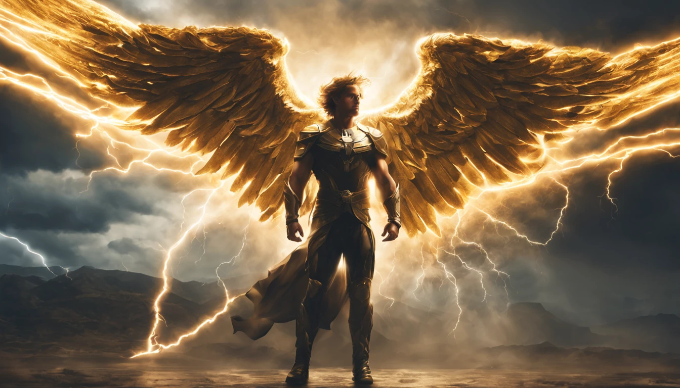 arch angel michael facing down to the ground,his body full of bright goldenish shining light , his eyes  is lightning thunders, facing towards the ground, going through the groundfull of lightning striking golden and silvered lightning, bright forces lightning, around him, speed scene, realistic image, full of flare 