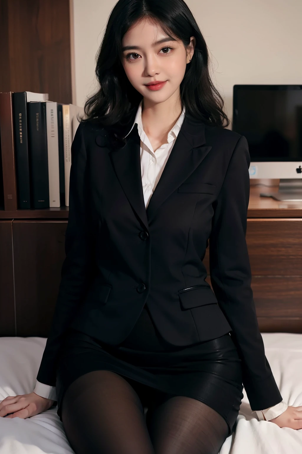 (anatomically correct:1.5),(best quality:1.5), full body portrait, (delicate face:1.1), (pretty face:1.1), slim figure, office lady,Office wear,black coat,Collared white shirt,long black hair,(curls:1.2),(long legs:1.05),(black_pantyhose:1.2),Lovely,(Smile:0.8),(blush:1.1)