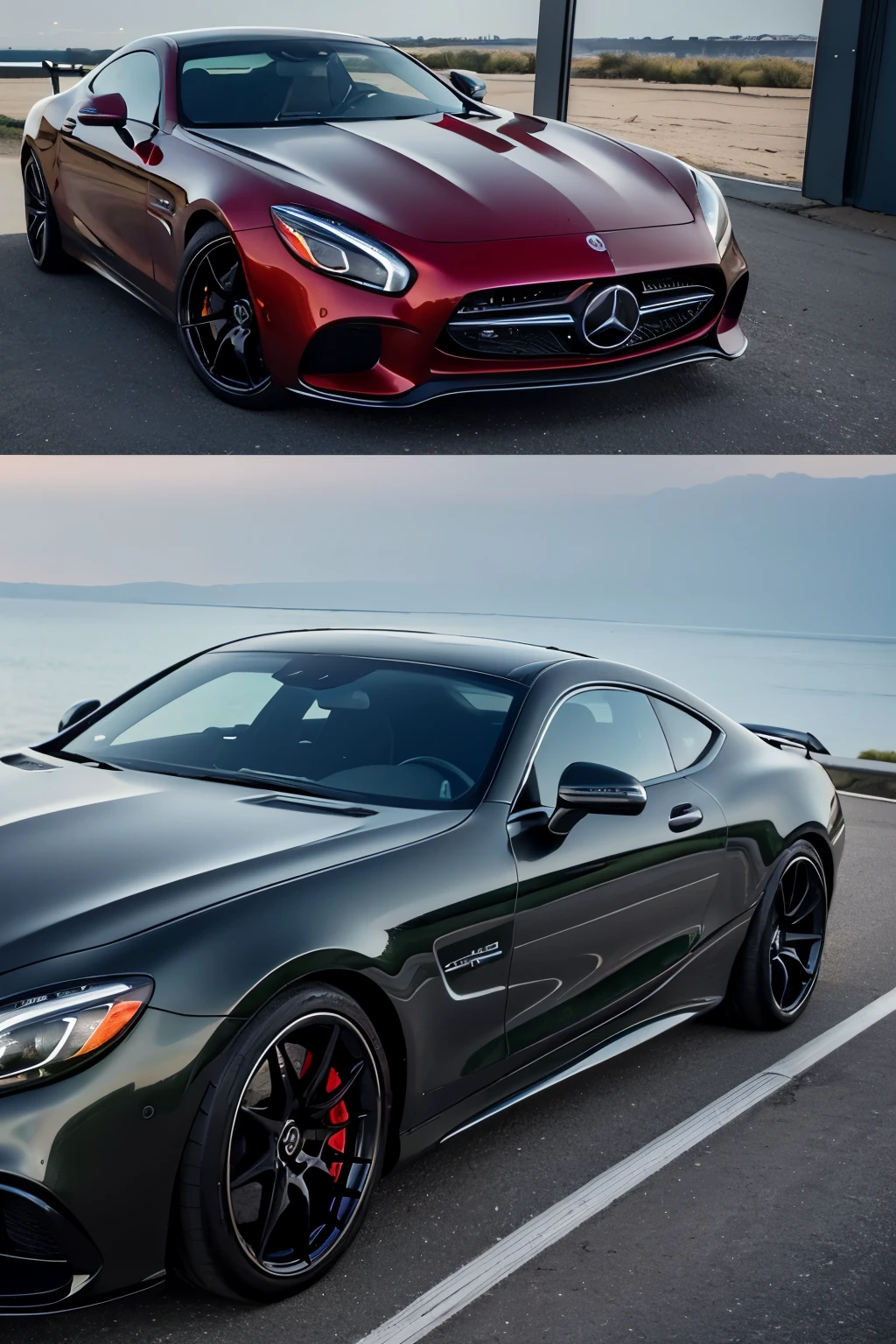 (2015 Mercedes AMG S2, Sleek Car Design, Top Quality, Masterpiece, 8K, Ultra High Definition, Photorealistic: 1.37, Shiny Body Surface, Detailed Car Features, Front View, Close-up Angle, reflections on the surface, (Tinted Windows: 1.4), Engine running, Smoke coming out of the exhaust, Shiny Alloy Wheels, Premium Leather Interior, Dashboard with Advanced Technology, Shiny Metal Details, Detailed Stitching, Intense Red Exteriors, Sleek Headlights and Taillights, Realistic Metal Textures, (Sporty Seats with
