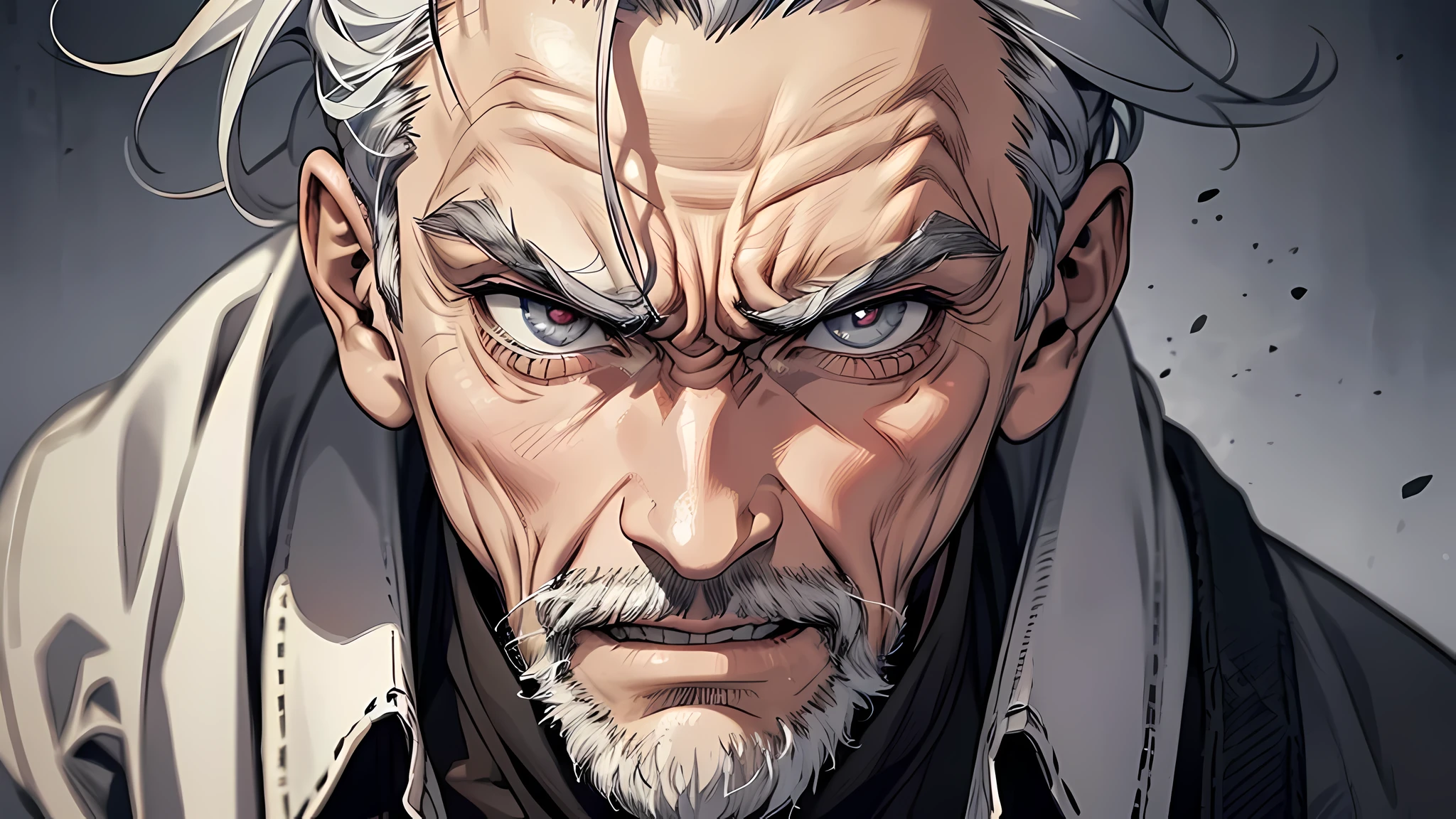 An old man with gray hair，Sneering expression，disdain, An old man，wrinkle on face, gray hair, detailed eyes, detailed face, detailed nose, disgusting face, talking something, open mouth, If only killing intent could actually kill
