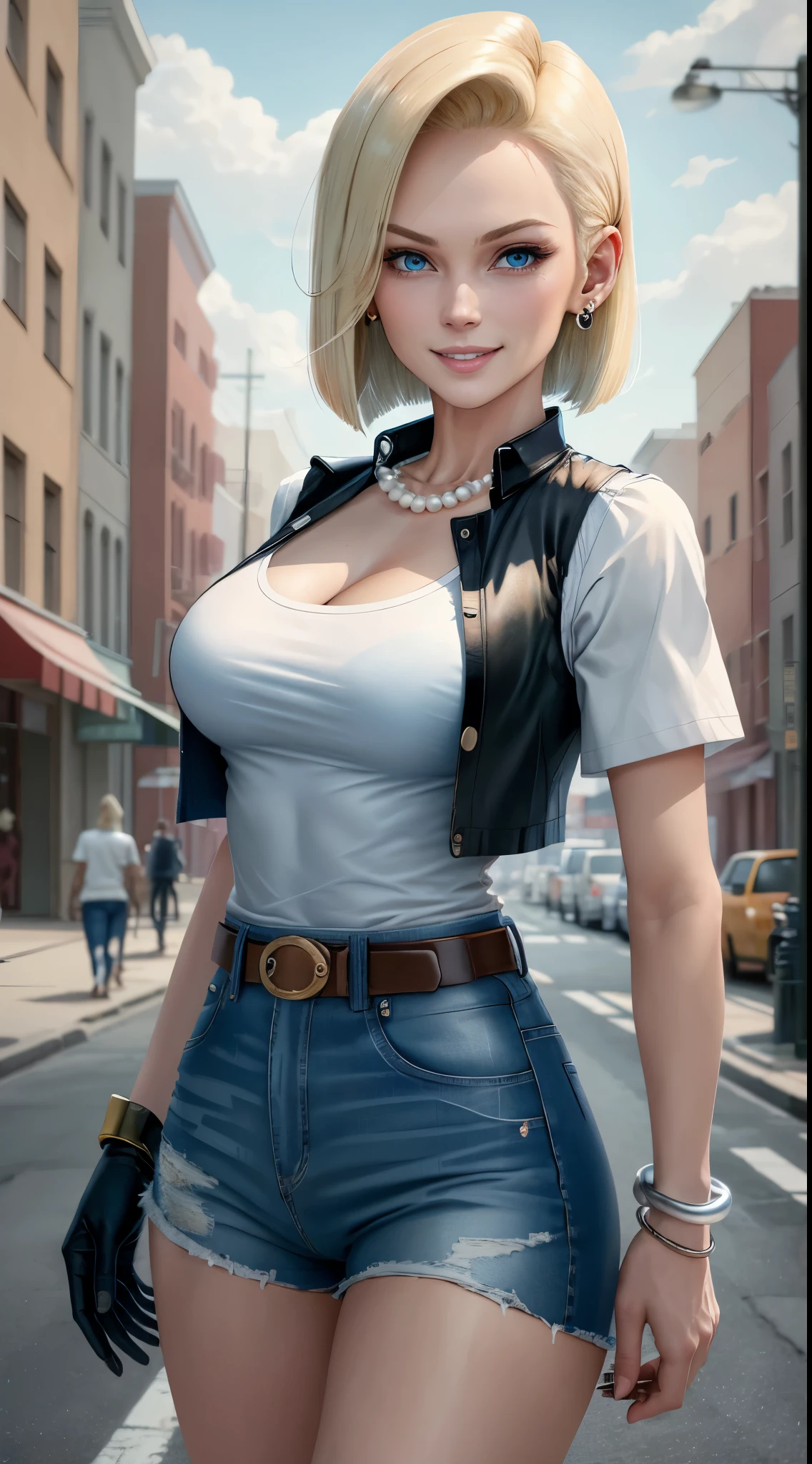 best quality, highres, and18, 1girl, android 18, solo, blonde hair, blue eyes, belt, blue jeans, pearl_necklace, bracelet, black gloves, white shirt, short hair, short sleeves, earrings, blue pants, open vest, black vest, large breasts, cowboy shot, street, straight-on, meadow view, (weather: windy), wet clothes, sexy smile,