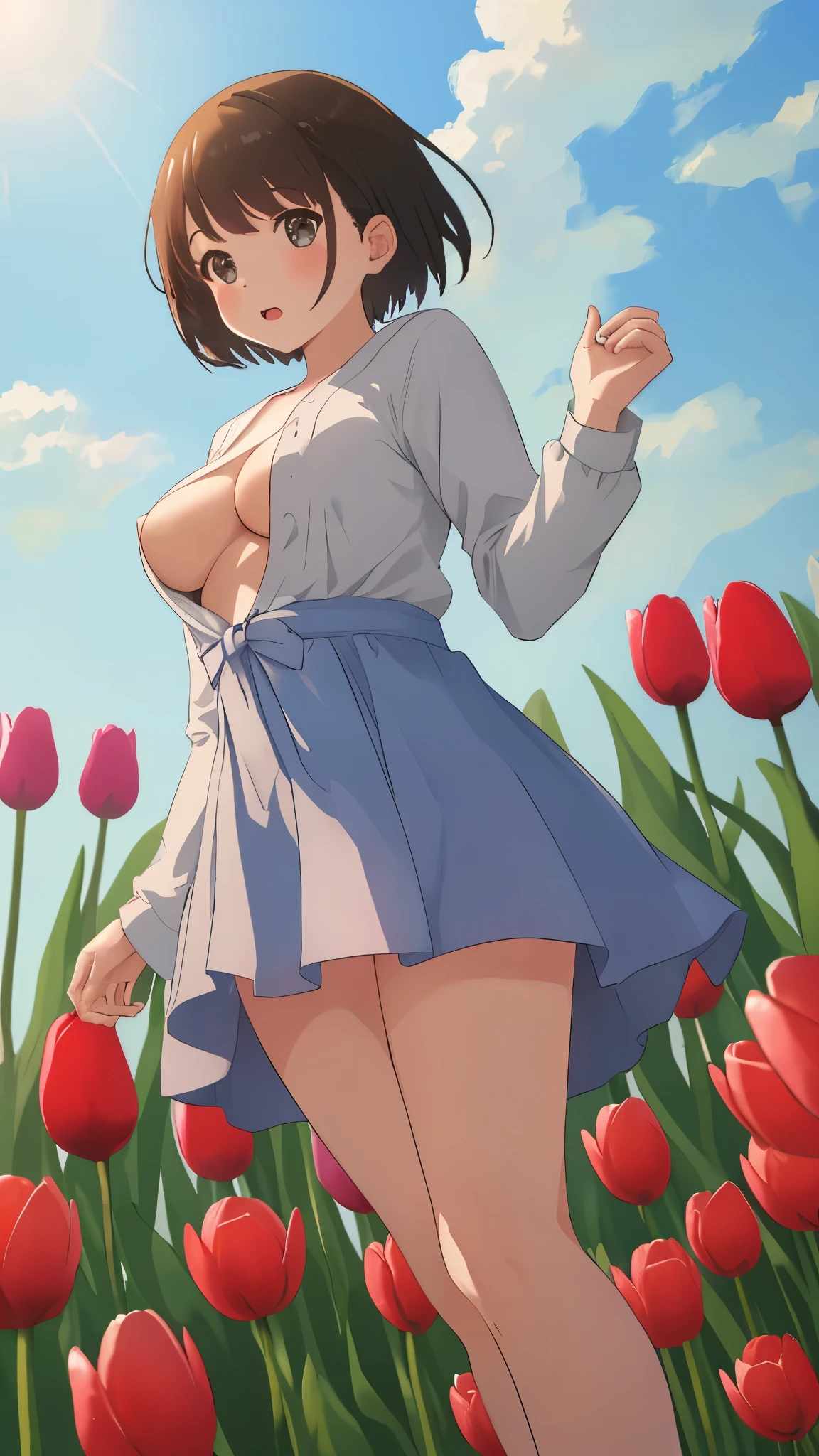 One woman, short miniskirt, open top, no bra, no panties, standing in a tulip field, seen from below