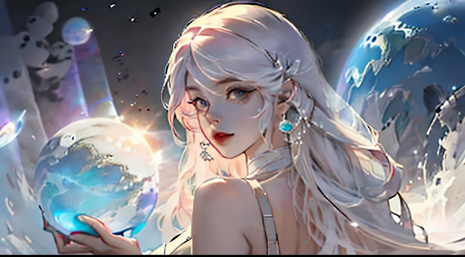 empty spacescape as background, right forefront, a girl in white dress as though holding a glowing ball that looks like earth, looking on at the empty spacescape