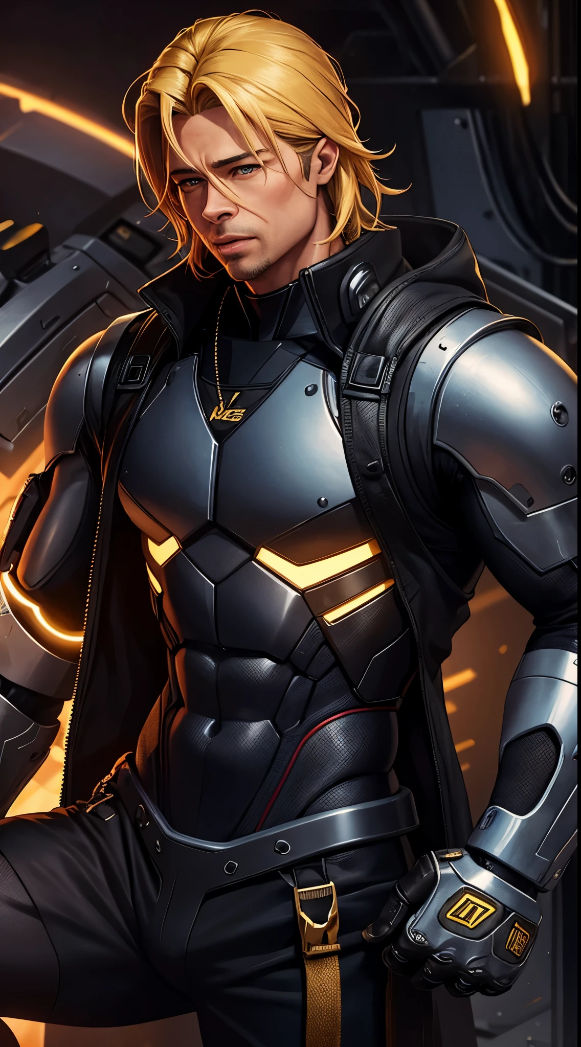 Brad Pitt character(1.1), face detailed, handsome, mature, muscle, black clothes, blonde-yellow hair, short beard, mechanical arms, engines, cyborg body, construction forge