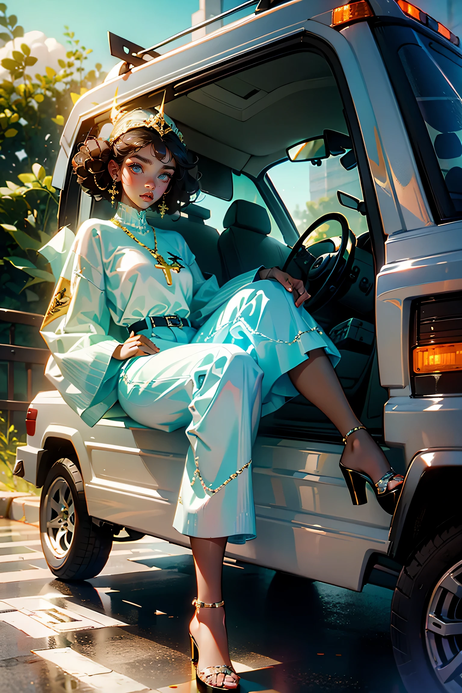 Beautiful female CEO,A little obese,platinum round toe platform shoes,Behind is a luxury off-road vehicle,navel-baring outfit,cross legs,The door is open, She is holding a leather bag,Wear leather shorts, Modern gold luxury headwear. Her hair was long and curly. This is a spectacular full-body image,Small upward tilt angle,Fat legs,Fat ass,many details
