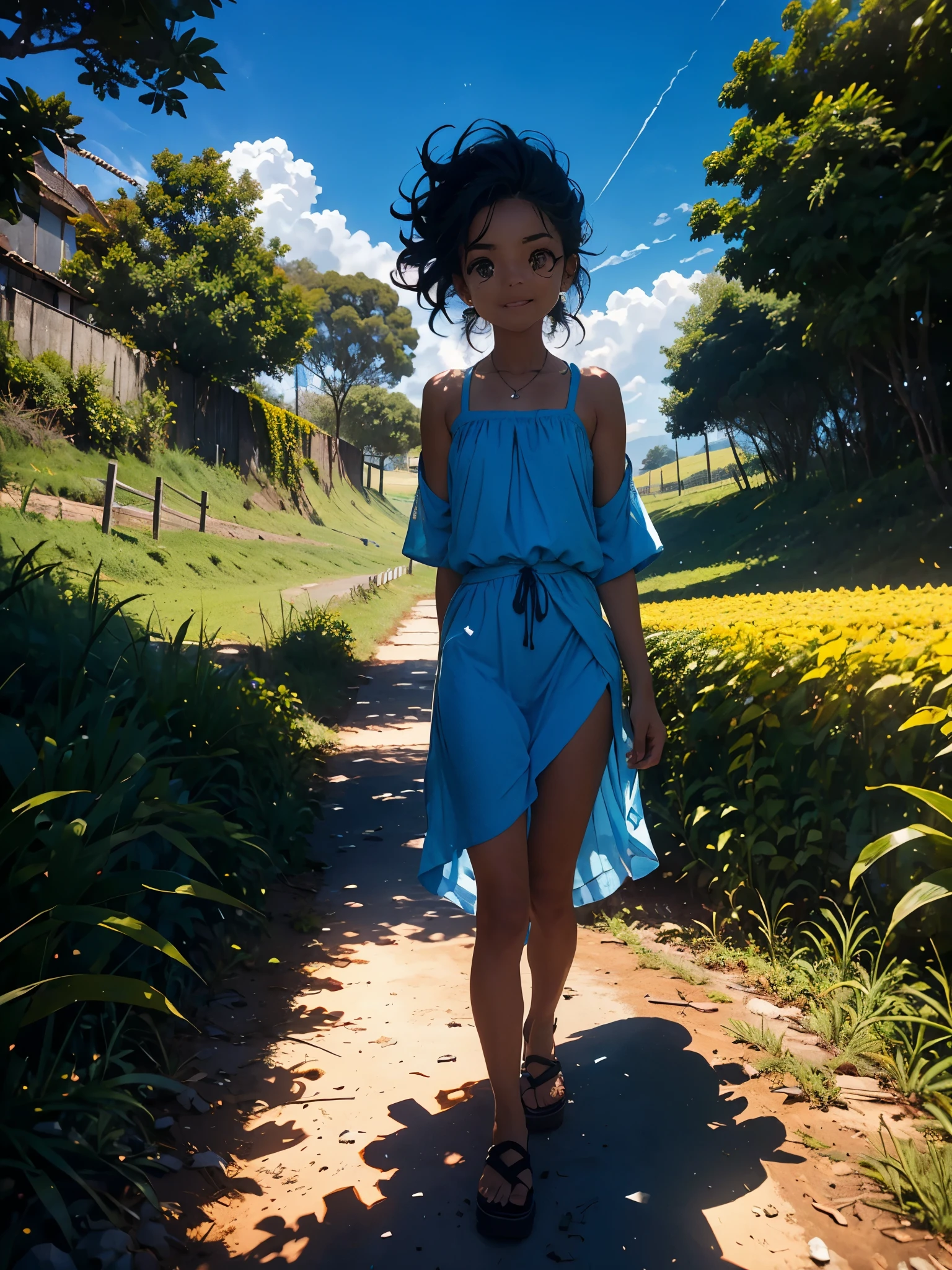 1 garota, Sozinho, cabelo longo, cabelo laranja, (((correndo em um Campo de trigo alto))), virando, olhos esmeralda, VESTIDO LONGO AZUL celeste, decote grande, seios fartos, perfect sky with perfect clouds, sunset, de mangas compridas, light light from behind, sombra na figura, sorriso lindo, risada, (blue sky), Contra o pano de fundo do trigo, Standing in the distance, olhando para o espectador, Comprimento total