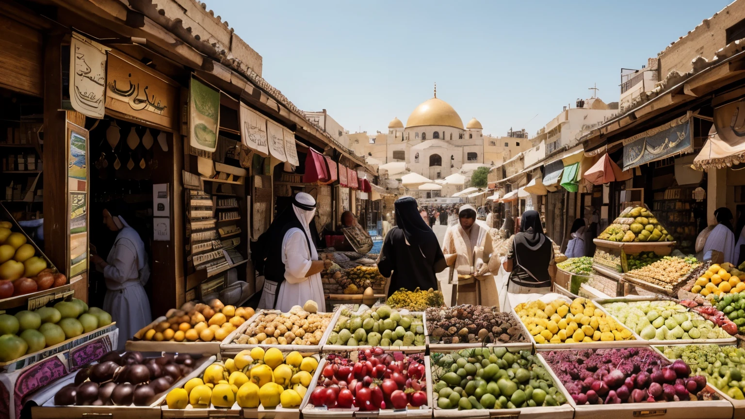 (best quality,4k,8k,highres,masterpiece:1.2),clear and vibrant colors,picturesque marketplace scene in Palestine,people shopping,variety of fresh fruits and vegetables,locals wearing traditional clothing,shopkeepers displaying their goods,beautifully decorated stalls,charming Middle Eastern architecture,and bustling atmosphere,perfectly lit with natural sunlight,authentic and cultural ambiance,with intricate patterns and textures,showcasing the rich heritage of Palestine's local produce and traditions.