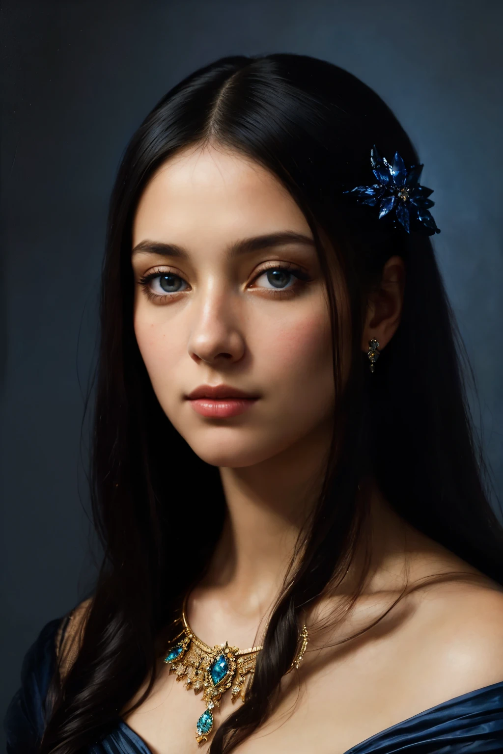 Masterpiece, a beautiful woman with a European aesthetic and medieval appearance, ((Mona Lisa:Cleopatra:0.5)), cool colors dominating the scene, a chromatic background of black and dark blue. The image is filtered with a dark blue tone, enhancing the crystal details of her eyes, featuring crystal lighting. The resolution is 4k, with cinematic lighting adding to the realism and photorealistic depth of the portrait. The sharpness of details is highly emphasized, bringing out the intricacies of her features. Realistic textures and lifelike details bring the portrait to life, inviting the viewer to appreciate the woman's timeless beauty. (Canon EOS