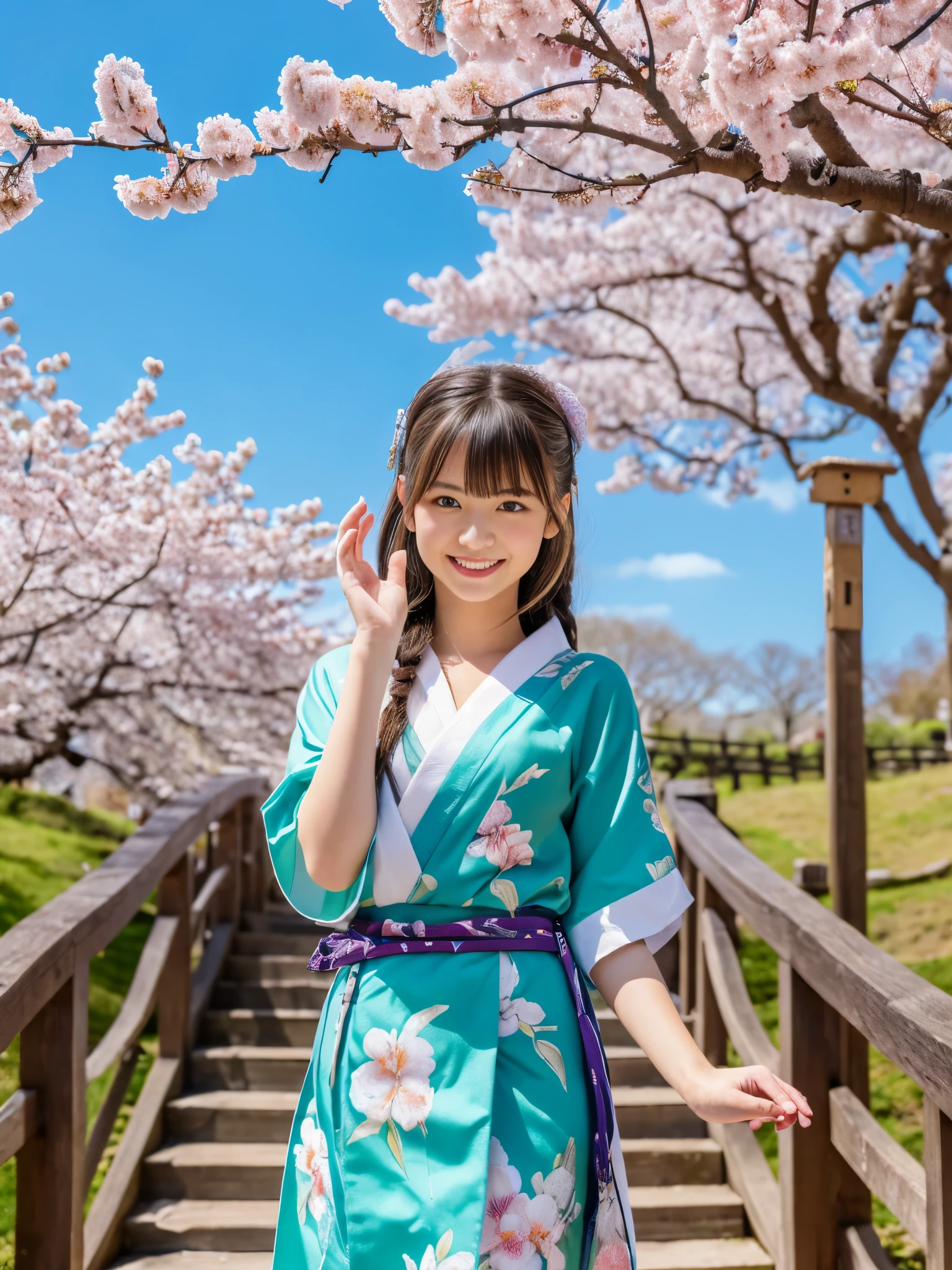 (((masterpiece: 1,5, best quality, high resolution, super resolution, ultra detailed: 1,2, rich background: 1,4))), (close up), (1girl), solo, green eyes, blonde long hair tied with blue ribbon, hair ornament, blunt bangs, smiling, highschool girl, medium breast, ((hand on the air)), japanese clothes, (blue short pattern kimono), sandals, ribbon, obi, ((outdoor)), cherry blossom, (torii gate), stone staircase, sky (afternoon), cherry blossoms fall, ((dramatic light: 1,3)), cloudy, (fuji scenery behind)