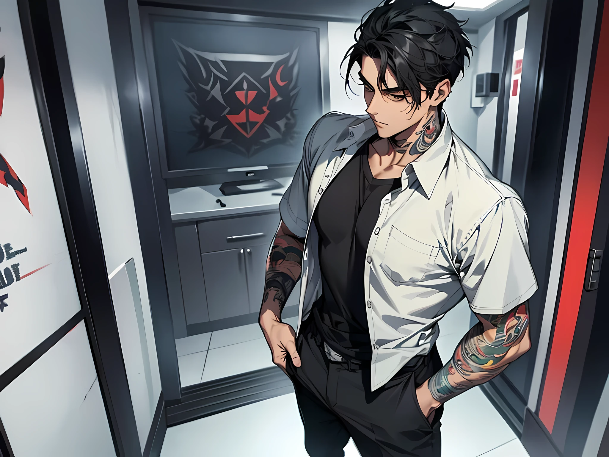 1 man, gangster, wearing white short sleve shirt, showing his tatto, short hair, black hair, standing, in a director room, half-body illustration