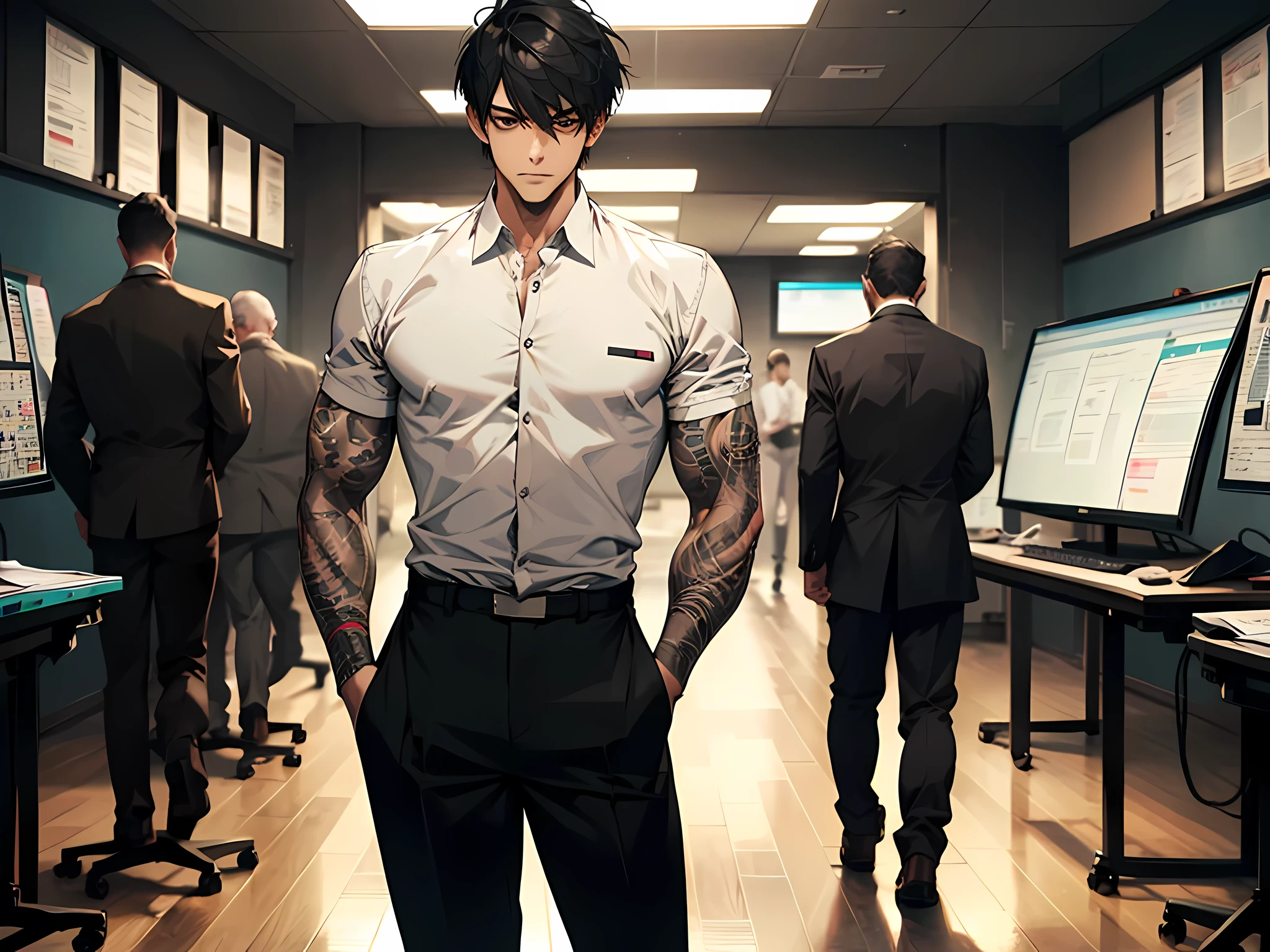 1 man, gangster, wearing white short sleve shirt, showing his tatto, short hair, black hair, standing, in a director room, half-body illustration