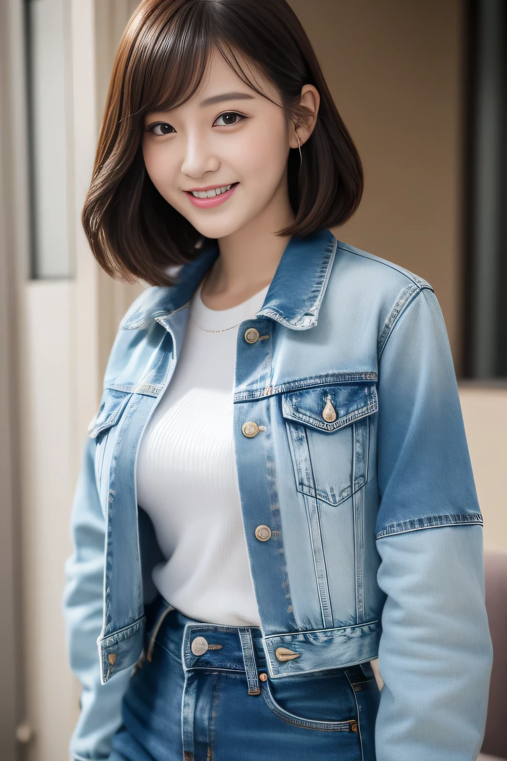 highest quality，masterpiece，8K high resolution，soft writing、expensive、expensive品質、volume light、1 girl，Beautiful woman，cute face，big breasts that are about to leak:1.5，ultra short skinny leather jacket，beautiful feet，mini short denim skirt，Big and sexy，have white skin，cute smile