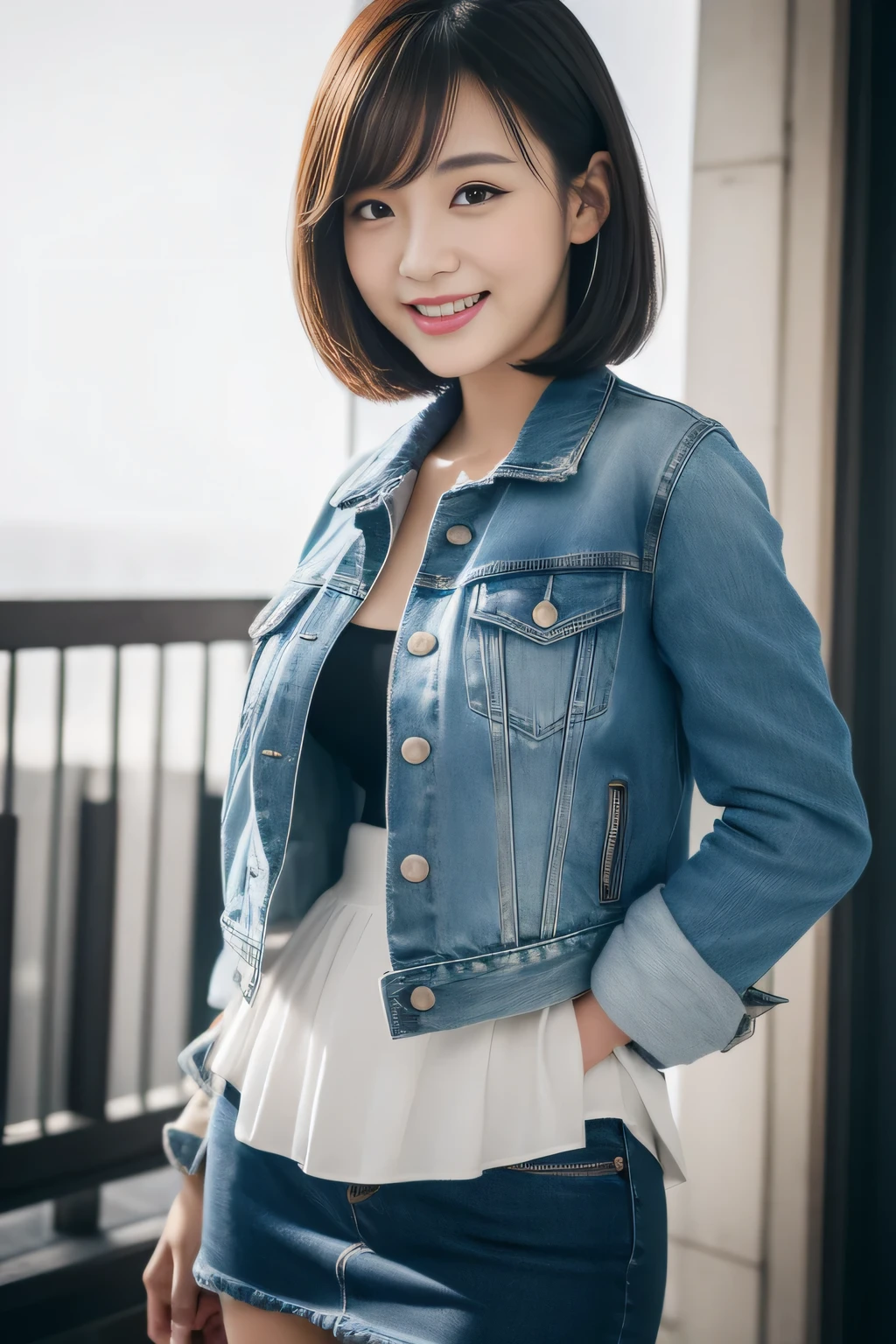 highest quality,masterpiece,8K high resolution,soft writing、expensive、expensive品質、volume light、1 girl,Beautiful woman,cute face,big breasts that are about to leak:1.5,ultra short skinny leather jacket,beautiful feet,mini short denim skirt,Big and sexy,have white skin,cute smile