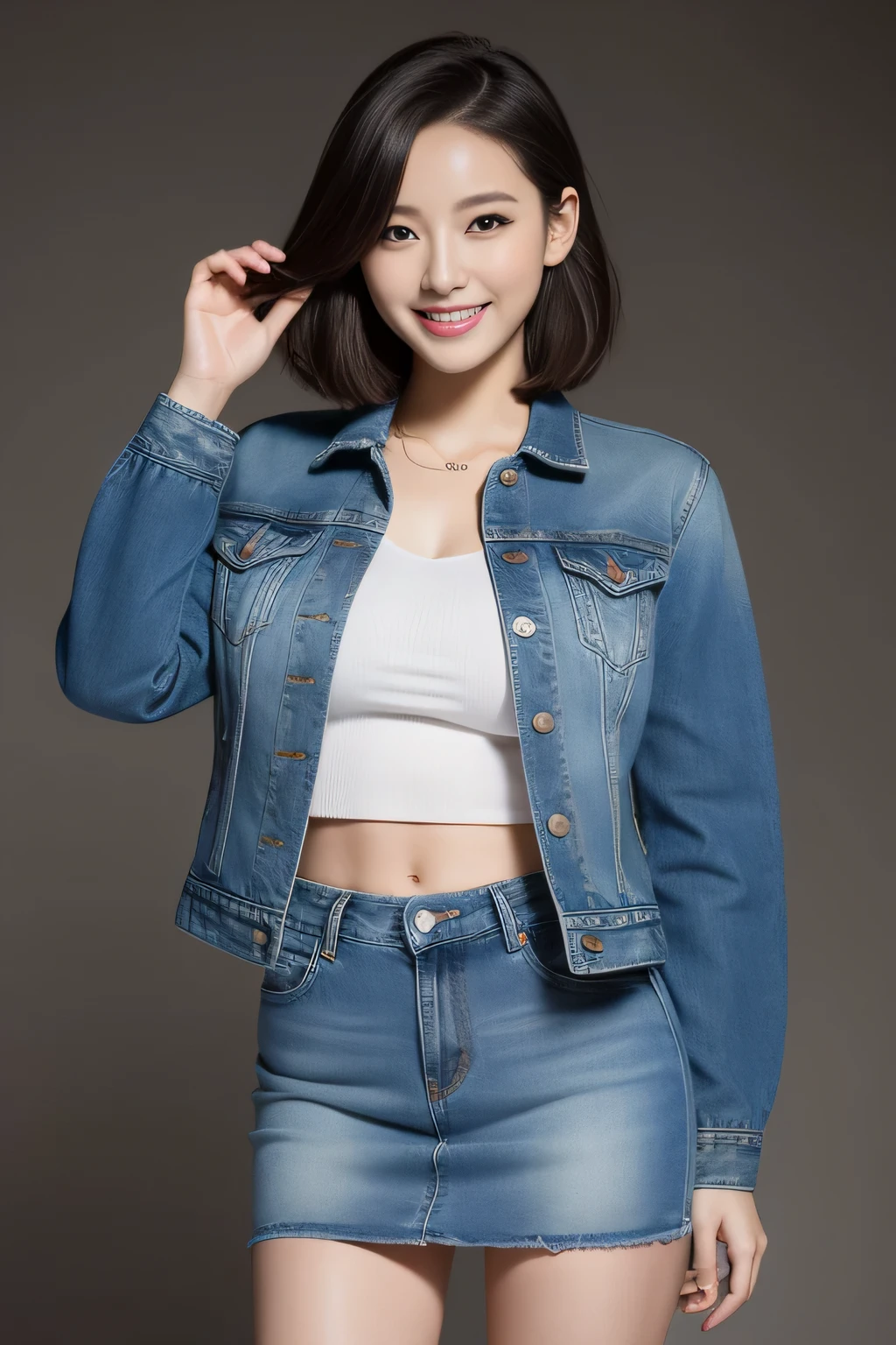 highest quality,masterpiece,8K high resolution,soft writing、expensive、expensive品質、volume light、1 girl,Beautiful woman,cute face,big breasts that are about to leak:1.5,ultra short skinny leather jacket,beautiful feet,mini short denim skirt,Big and sexy,have white skin,cute smile