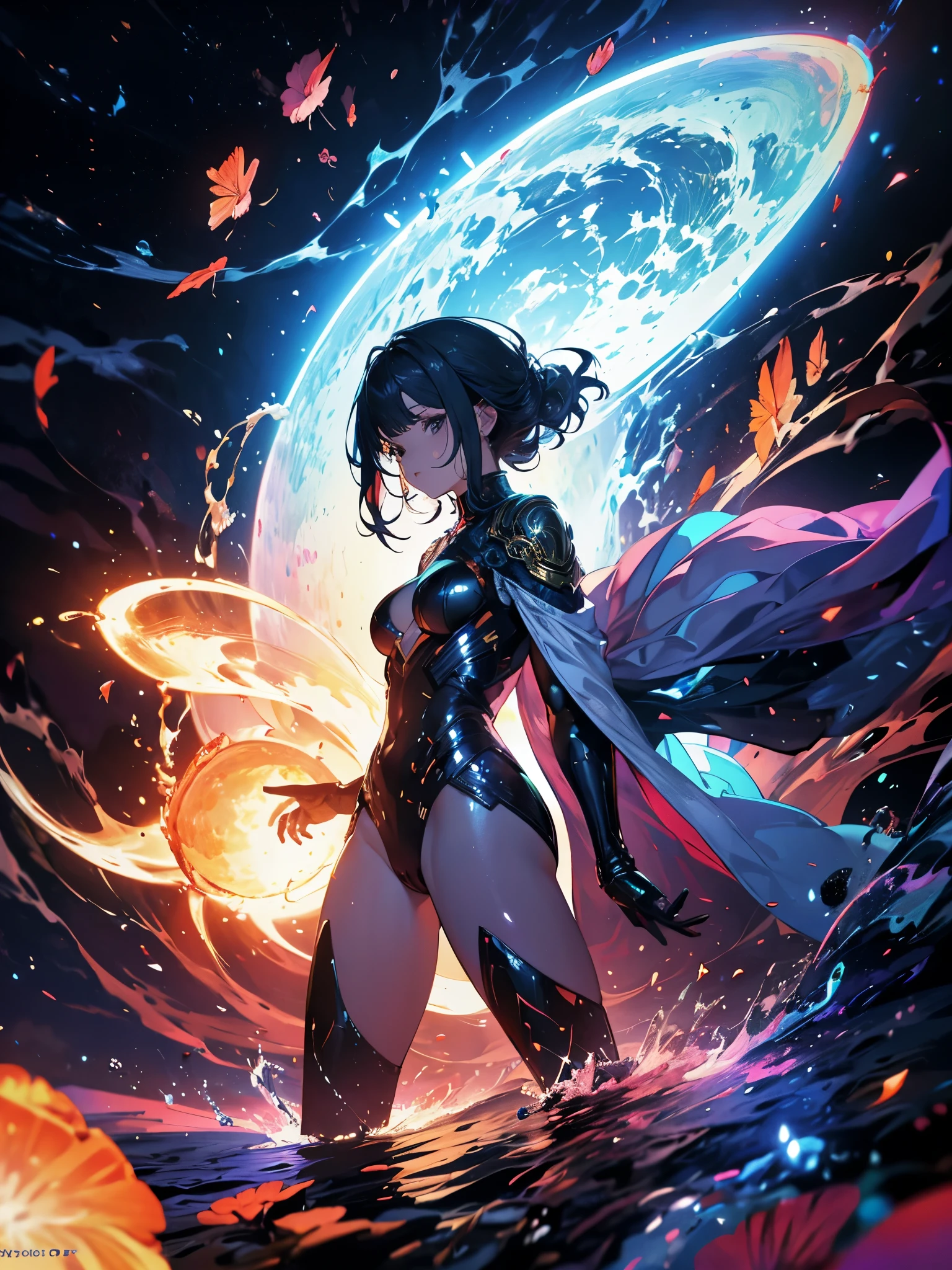 ((Best quality)), ((masterpiece)), (detailed: 1.4), (Absurd), Furious princess ready for war, Jaimie Alexander with super short hair (((action pose))), (((back))), (((perfect and plump ass))), shiny skin, perfect body, defined muscles, bare half-thick thighs, closed mouth, only in panties, (((include stars in all clothes))), muscular body covered by clothing Very dark blue and orange yellow with hazy effect, style masamune shirow girls, cyberpunk, generous neckline, ((perfect medium breasts)), (well outlined eyes without pupils), (((long and very black eyelashes)), (((dark blue clothing))), ((((very short black hair))), (((rot rod flames covering breasts))), (Cosmic tattoo on arms), short underwear, garter belt, by mucha, niji --V5, close to real, psychopath, crazy face, sexy pose, 2 pieces outfit, pastel, centered, scale to fit dimensions, HDR (High Dynamic Range),Ray Tracing,NVIDIA RTX,Super-Resolution,Unreal 5,Subsurface dispersion, PBR texture, Post-processing, Anisotropic filtering, Depth of field, Maximum clarity and sharpness, Multilayer textures, Albedo and specular maps, Surface shading, Accurate simulation of light-material interaction, Perfect proportions, Octane Render, Two-tone lighting, Wide aperture, Low ISO, White balance, Rule of thirds, 8K RAW, crysisnanosuit