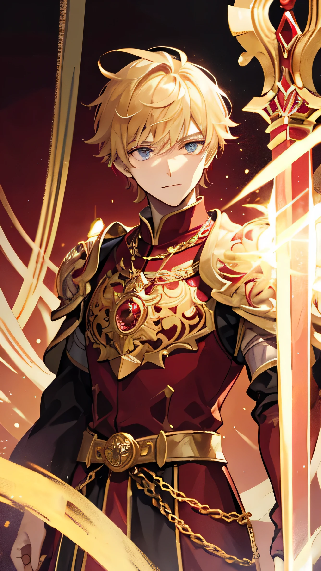 a young man，Face，Dressed in ornate bishops' robes，Red gem on chest，Arms covered with gauntlets，blonde short hair，There is an illusory golden halo on the back，Carrying a sword around his waist（masterpiece）（best quality）（Clear Face）