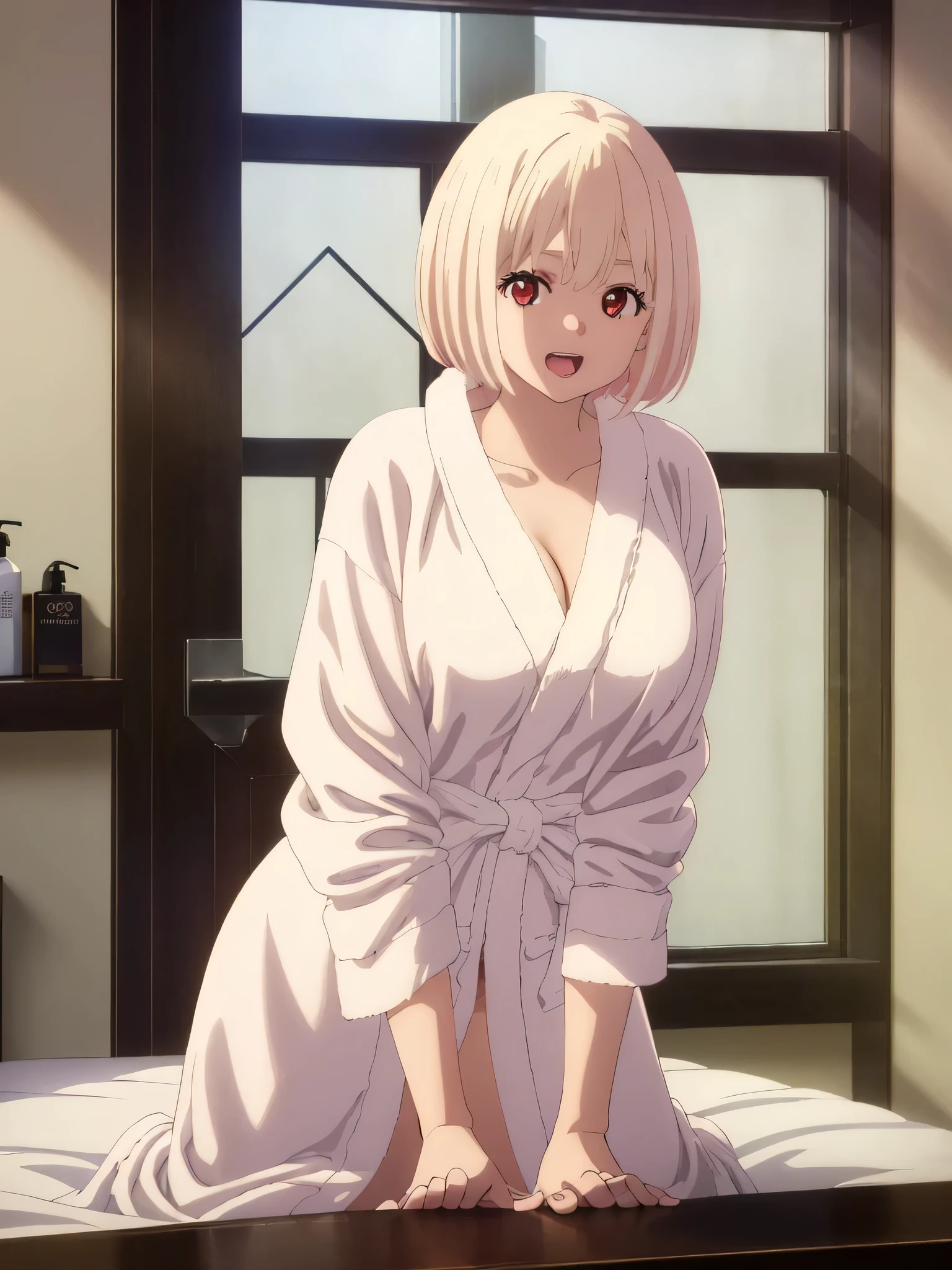 best image quality、high quality、18-year-old、1 girl, masterpiece, 最high quality、(((hotel room)))、Rooms in high-rise apartments、Bedroom、Night view from the window、midnight、Western-style interior,((valley))、(((bathrobe)))、(((Enlarge the subject)))、Upper body、naked、(Laughter:1.1), , (wide open eyes:1.2)、leaning forward、get down on all fours、glare of lighting, perfect lighting, 、Bokeh, written boundary depth, blurred background, Senzoku Nishikigi、Blonde short bob、red eyes、
