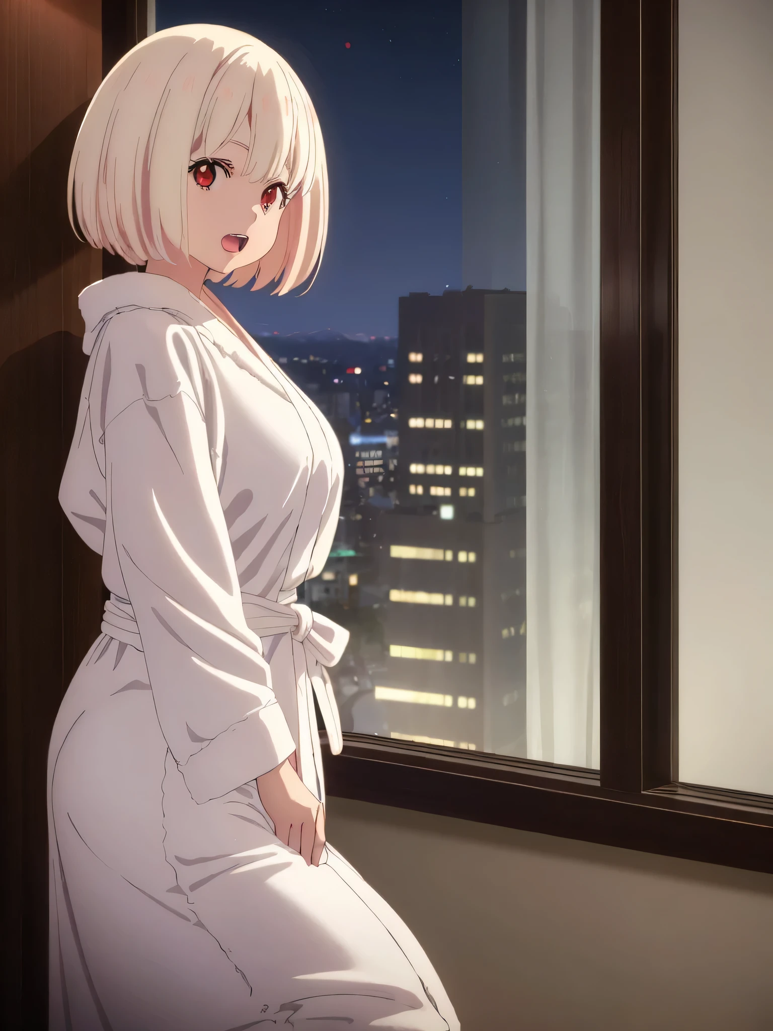 best image quality、high quality、18-year-old、1 girl, masterpiece, 最high quality、(((hotel room)))、Rooms in high-rise apartments、Bedroom、Night view from the window、midnight、Western-style interior,((valley))、(((bathrobe)))、(((Enlarge the subject)))、Upper body、naked、(Laughter:1.1), , (wide open eyes:1.2)、leaning forward、get down on all fours、glare of lighting, perfect lighting, 、Bokeh, written boundary depth, blurred background, Senzoku Nishikigi、Blonde short bob、red eyes、

