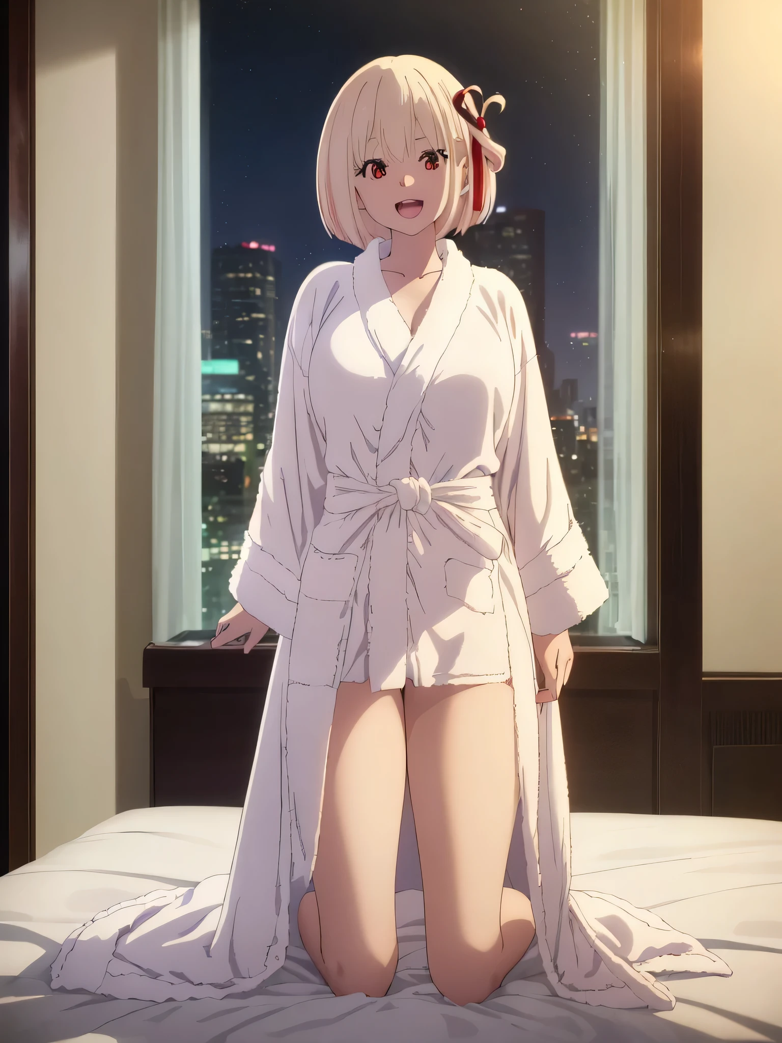 best image quality、high quality、18-year-old、1 girl, masterpiece, 最high quality、(((hotel room)))、Rooms in high-rise apartments、Bedroom、Night view from the window、midnight、Western-style interior,((valley))、(((bathrobe)))、(((Enlarge the subject)))、Upper body、naked、(Laughter:1.1), , (wide open eyes:1.2)、leaning forward、get down on all fours、glare of lighting, perfect lighting, 、Bokeh, written boundary depth, blurred background, Senzoku Nishikigi、Blonde short bob、red eyes、
