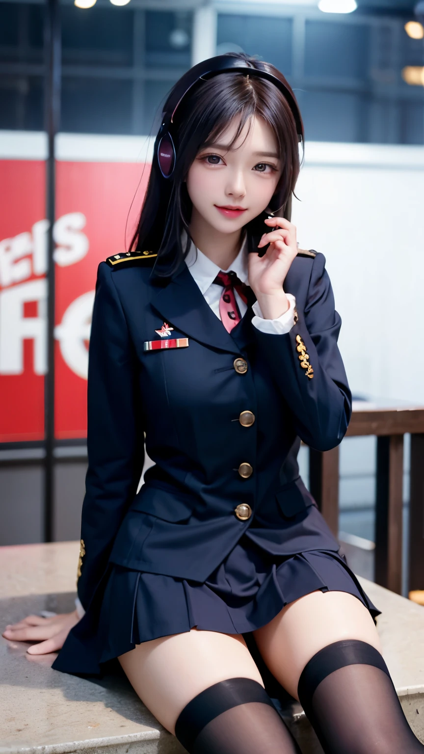 star、Supermodel、Perfect build、Muchimuchi、Three girls are looking at the viewer、girl、、Thighhighs、beautiful feet、、cyber punk、headphone、gentle smile、seen by girls、Innocent face、Military Uniform Lolita