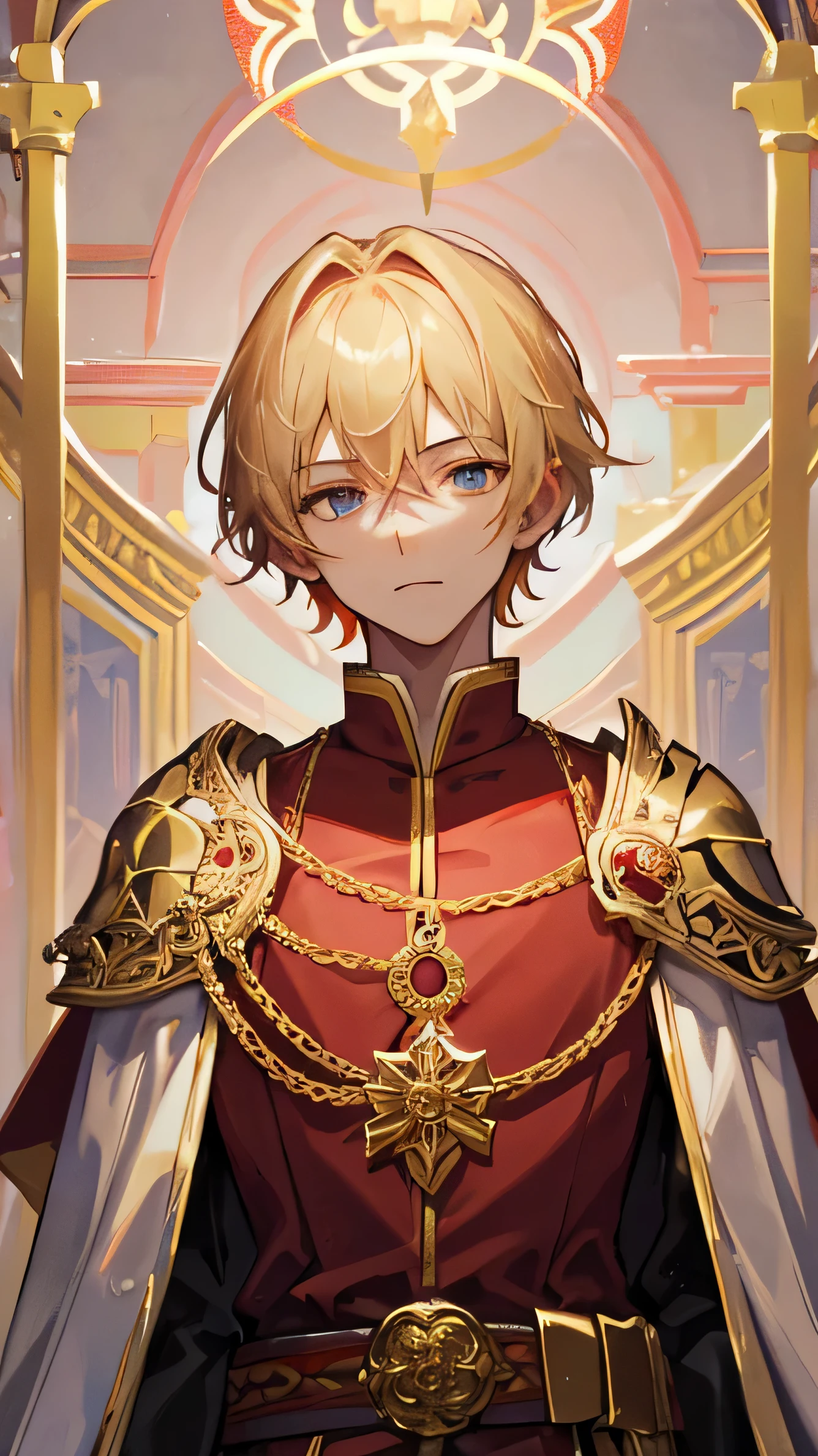 a young man,Face,Dressed in ornate bishops' robes,Red gem on chest,Arms covered with gauntlets,blonde short hair,There is an illusory golden halo on the back,Carrying a sword around his waist(masterpiece)(best quality)(Clear Face)