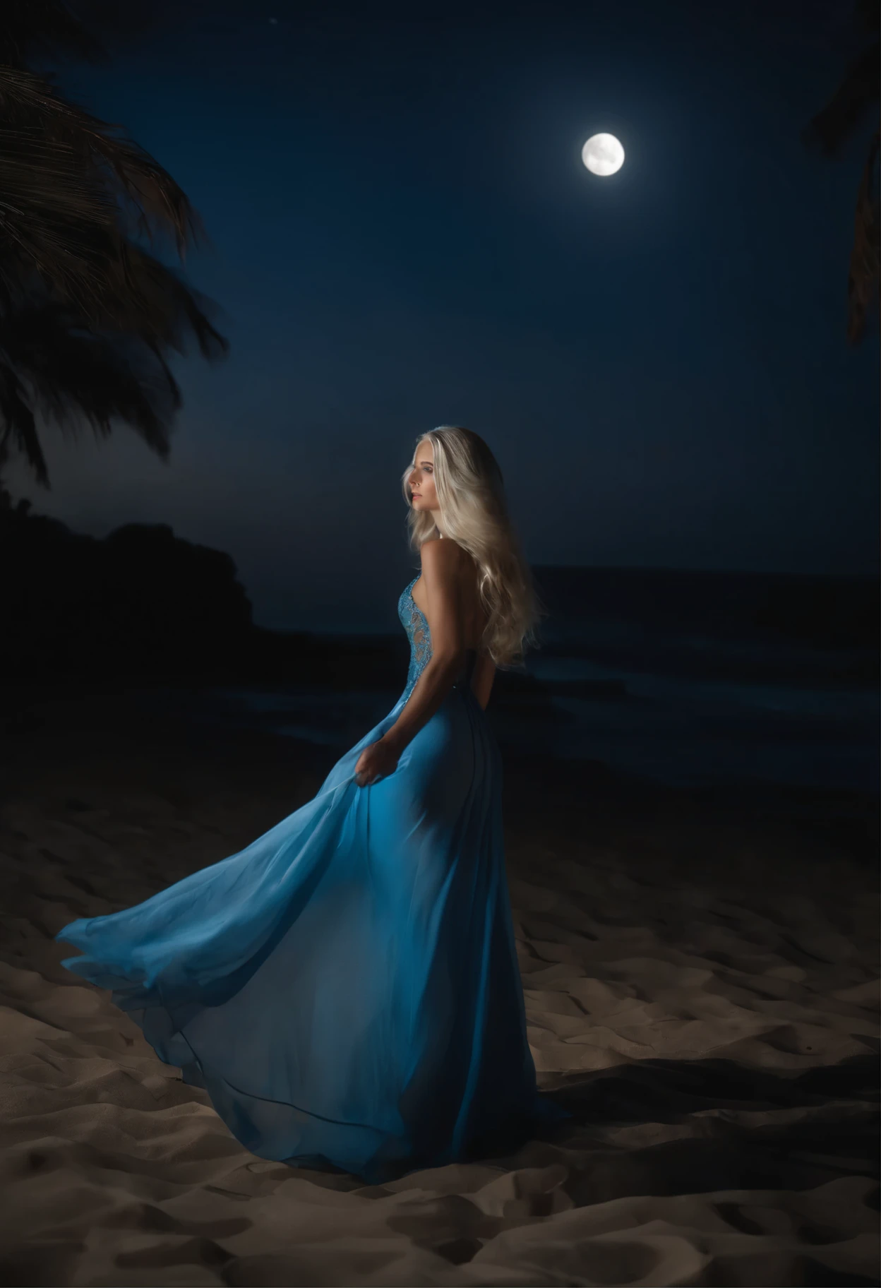 full length models, fabulous, Beautiful face, Looking at the viewer, (very long platinum hair), Body Hourglass, long legs, standing on a dark beach at night, in a short blue dress in colonial style
