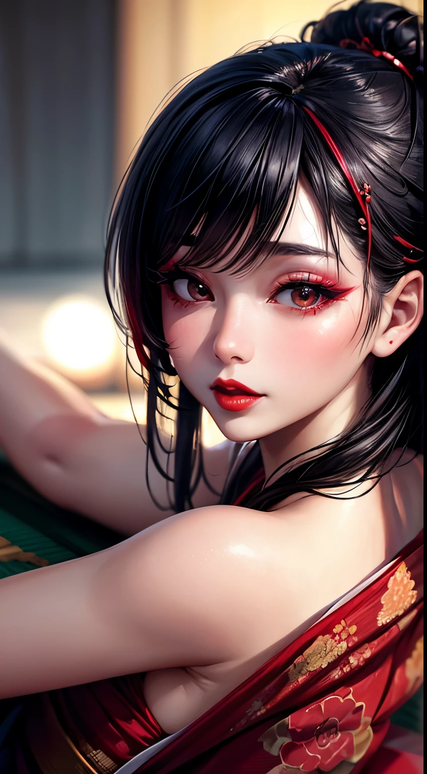 Woman, 30 years, kimono, makeup, red lips, seductive, lying down, depth of field, motion blur, from behind, bokeh, UHD, masterpiece, textured skin, super detail, high quality