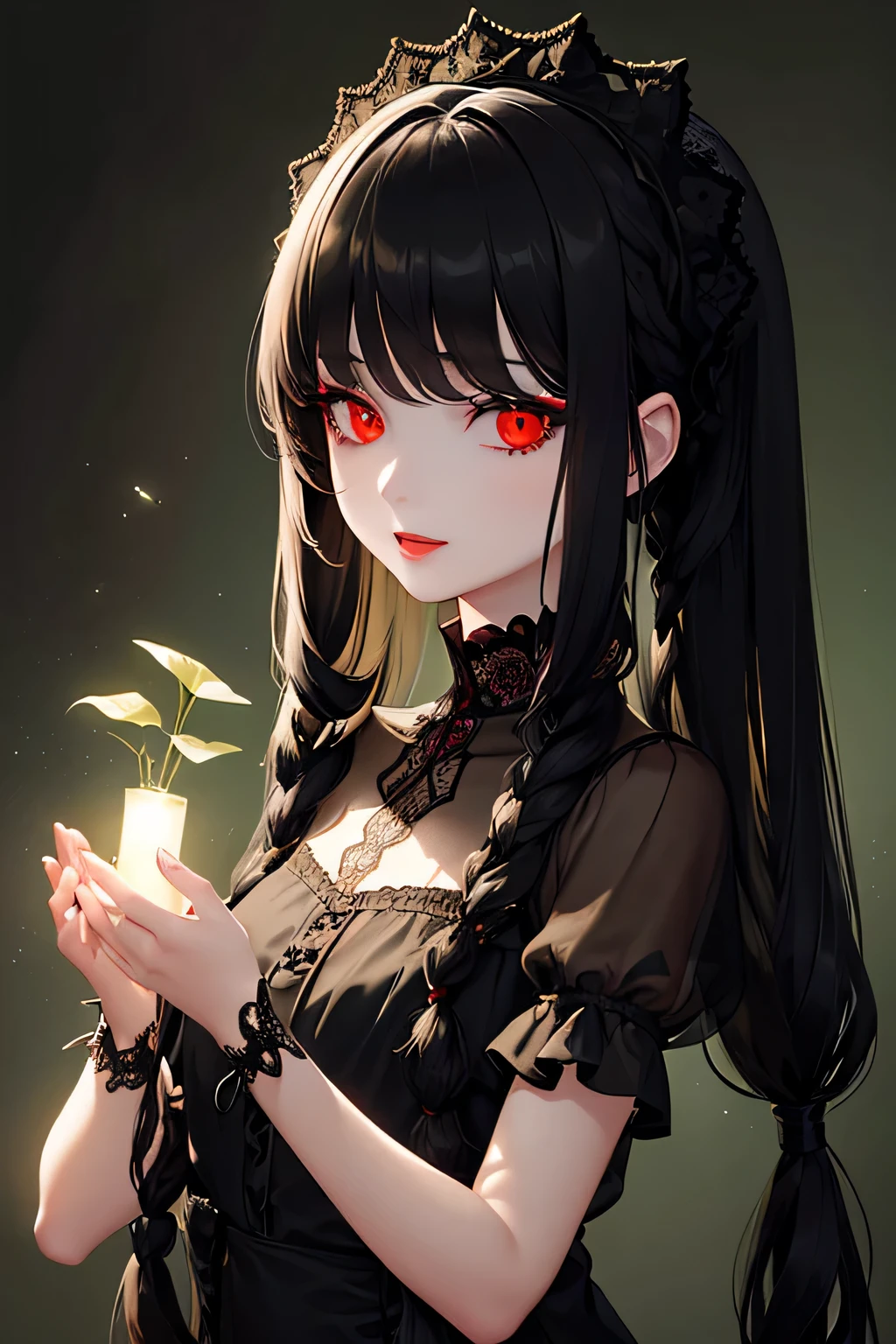 1 girl,Depp's Sense,confused,catch light,Super beautiful illustration,(Plant manipulation),((black color,long hairstyles:1.3)),dark dark eyeshadow,bright red lipstick,Gothic Lolita,;d,beautiful and delicate hair,(((delicate and detailed red eyes))),green light effect,green aura