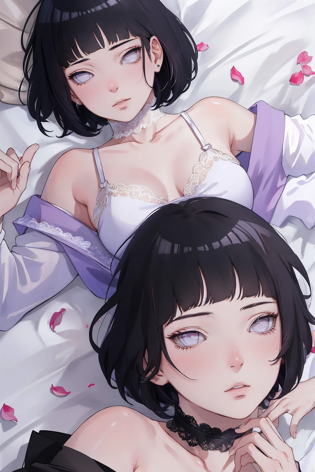 { - anatomy error} (Masterpiece - Ultra-detailed, very high resolution) (huge titusty, masterpiece, absurdres, hinata\(boruto\), 1girl, solo,mature female, off-shoulder bra, high waist black short skirt, looking at viewelling petals), perfect composition, detailed lips, big breast, beautiful face, body propotion, blush, (pink lips), short hair, (black hair), purple eyes, soft gaze, super realistic, detailed, photoshoot, realistic face and body, closed mouth, laying on the bed , lilac eyes, full body, lace clothes, with chin resting on shoulder, perfect fingers