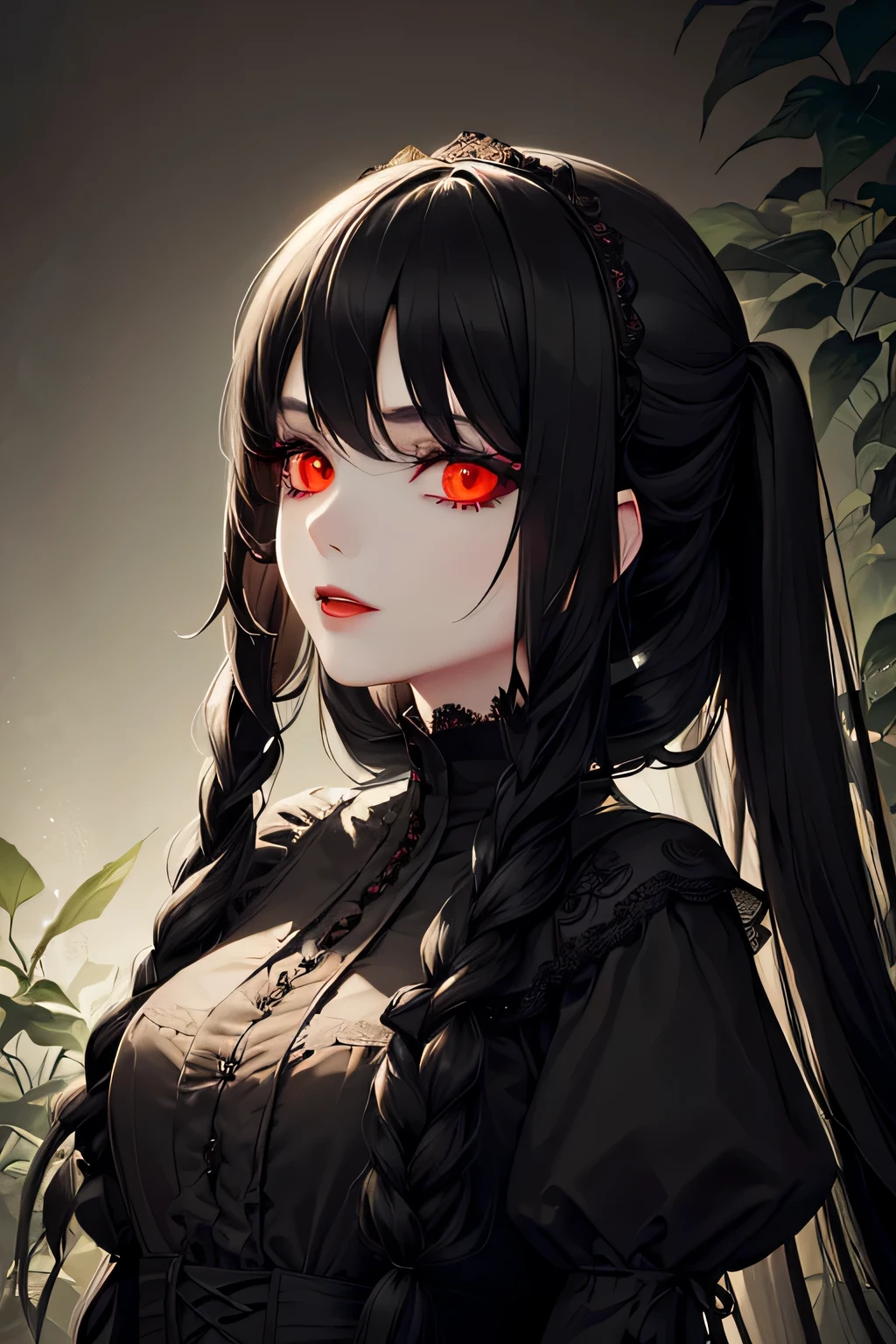 1 girl,Depp's Sense,confused,catch light,Super beautiful illustration,(Plant manipulation),((black color,long hairstyles:1.3)),dark dark eyeshadow,bright red lipstick,Gothic Lolita,;d,beautiful and delicate hair,(((delicate and detailed red eyes))),green light effect,green aura