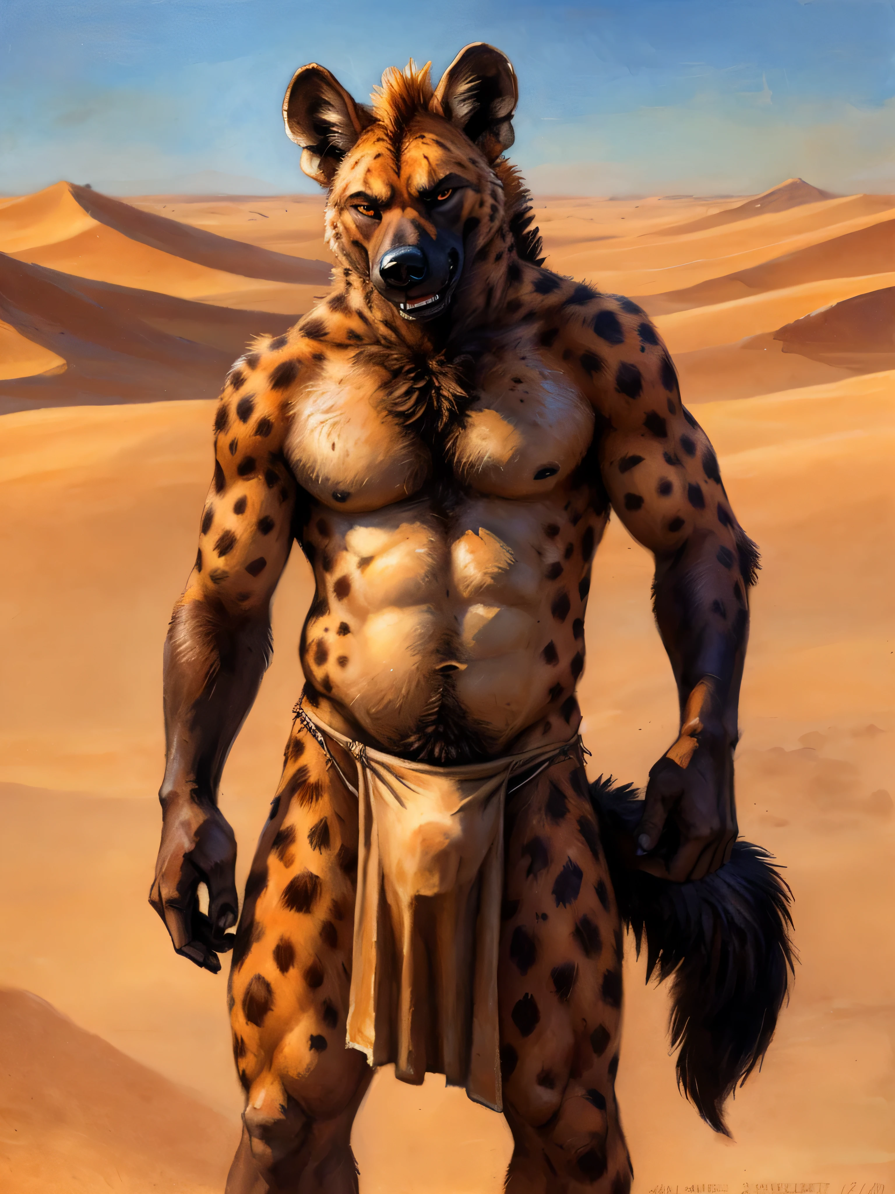 detailed eyes, symmetrical eyes, ((solo)), male, anthro (gnoll), (mean expression), loose loincloth, ((long hyena penis under clothing)), ((Sahara desert, detailed background)), ((fur, muscular, beefy)), hyena tail, by blotch, by kenket, (epic, masterpiece, high quality, 8k, correct anatomy:1.2), ((threatening pose)), ((mature male)), sexy,