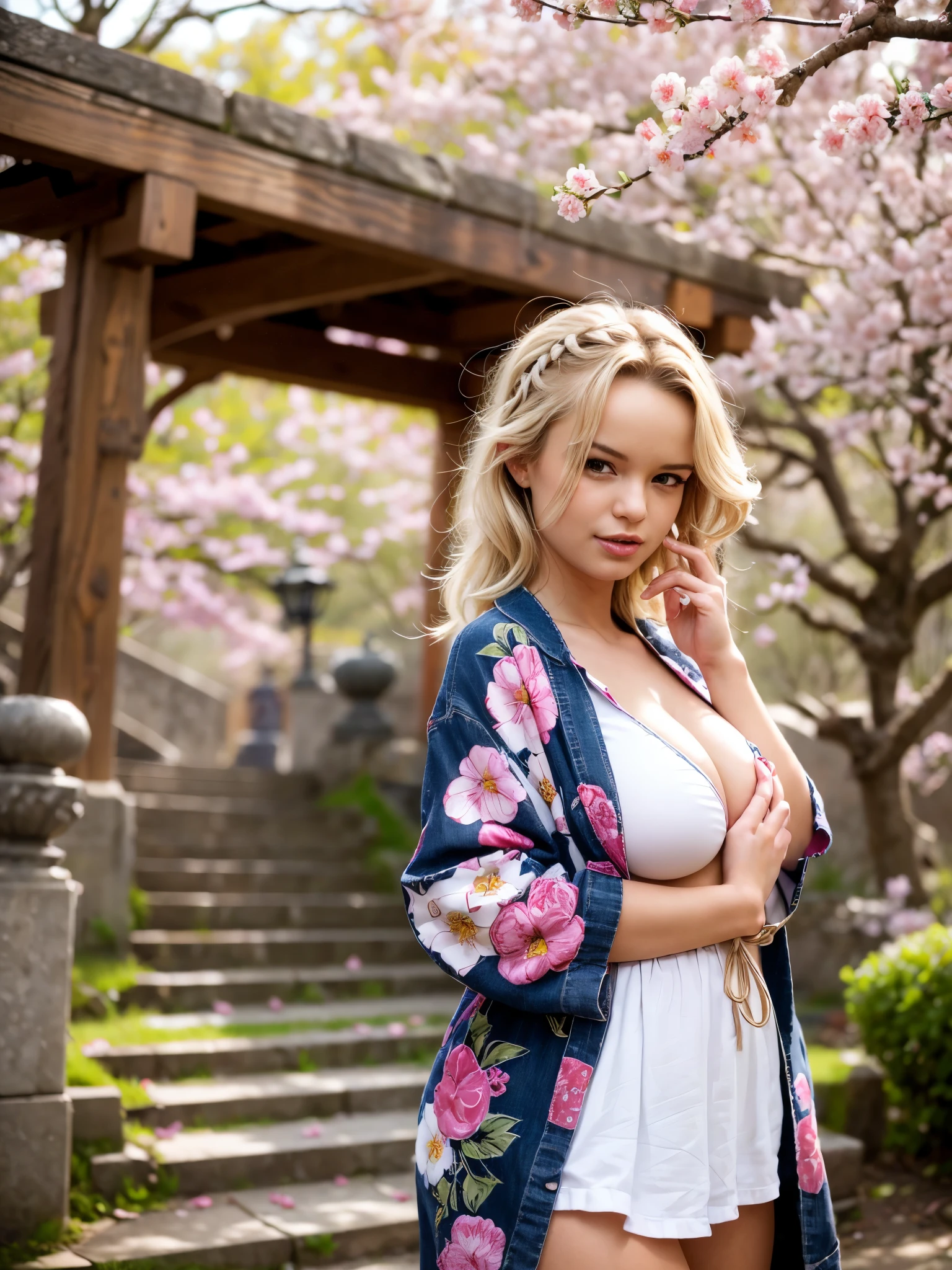 (((masterpiece: 1,5, best quality, high resolution, super resolution, ultra detailed: 1,2, rich background: 1,4))), (close up), (1girl), solo, green eyes, blonde long hair tied with blue ribbon, hair ornament, blunt bangs, smiling, highschool girl, medium breast, ((hand on the air)), japanese clothes, (blue short pattern kimono), sandals, ribbon, obi, ((outdoor)), cherry blossom, (torii gate), stone staircase, sky (afternoon), cherry blossoms fall, ((dramatic light: 1,3)), cloudy, (fuji scenery behind)