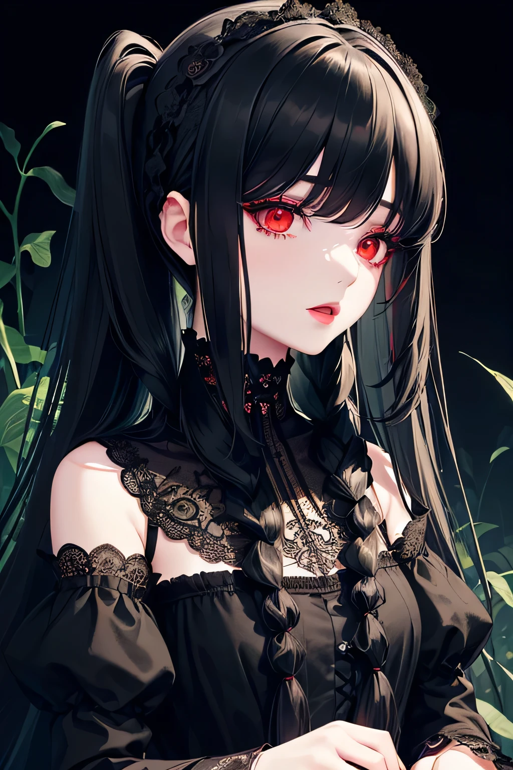 1 girl,Depp's Sense,confused,catch light,Super beautiful illustration,(Plant manipulation),((black color,long hairstyles:1.3)),dark dark eyeshadow,bright red lipstick,Gothic ta,;d,beautiful and delicate hair,(((delicate and detailed red eyes))),green light effect,green aura