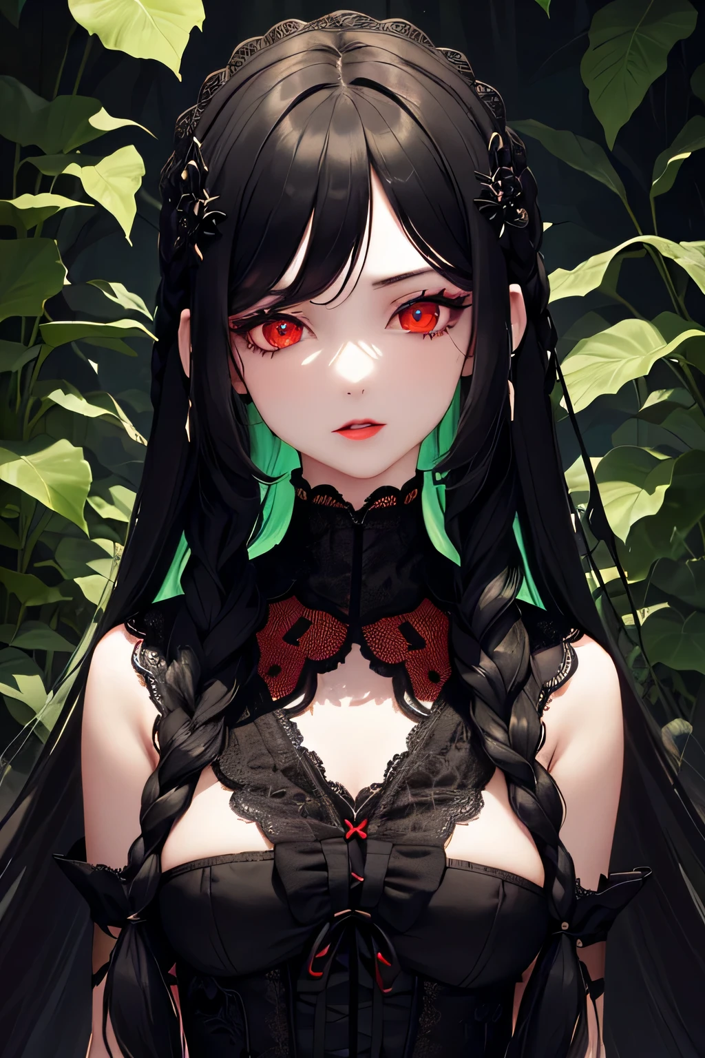 1 girl,Depp's Sense,confused,catch light,Super beautiful illustration,(plant magic,Plant manipulation),((black color,long hairstyles:1.3)),dark dark eyeshadow,bright red lipstick,Gothic ta,;d,beautiful and delicate hair,(((delicate and detailed red eyes))),green light effect,green aura