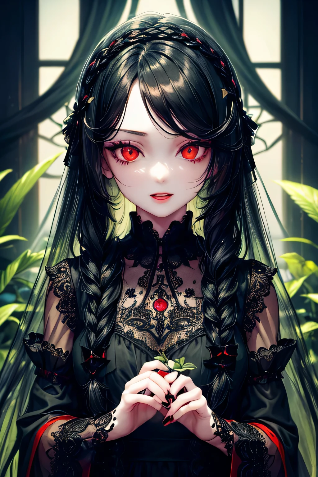 1 girl,Depp's Sense,confused,catch light,Super beautiful illustration,(plant magic,Plant manipulation),((black color,long hairstyles:1.3)),dark dark eyeshadow,bright red lipstick,Gothic ta,;d,beautiful and delicate hair,(((delicate and detailed red eyes))),green light effect,green aura