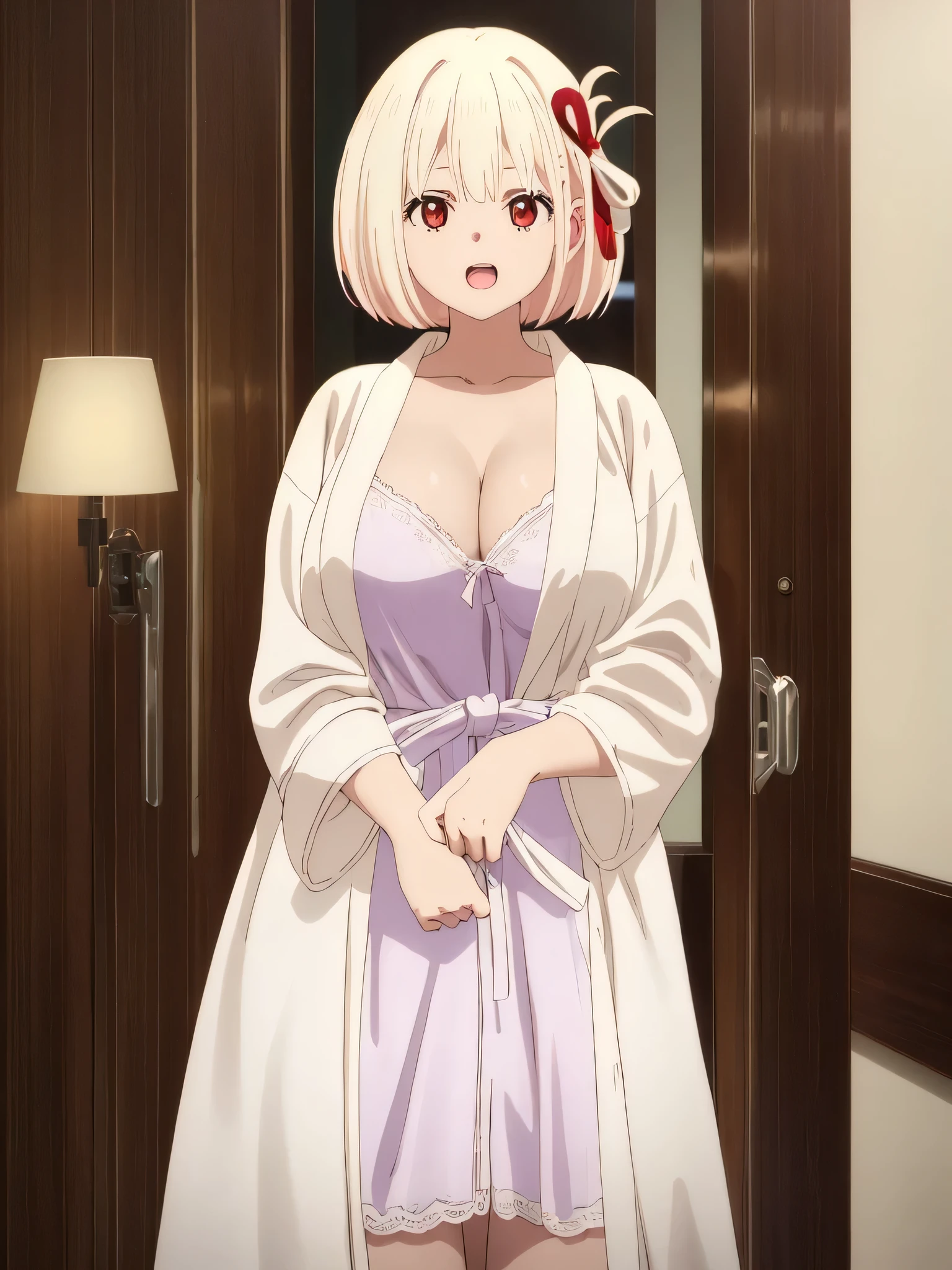 best image quality、high quality、18-year-old、1 girl, masterpiece, 最high quality、(((hotel room)))、Rooms in high-rise apartments、Bedroom、Night view from the window、midnight、Western-style interior,((valley))、(((bathrobe)))、good、(((Enlarge the subject)))、Upper body、naked、(Laughter:1.1), , (wide open eyes:1.2)、leaning forward、glare of lighting, perfect lighting, 、Bokeh, written boundary depth, blurred background, Senzoku Nishikigi、Blonde short bob、red eyes、