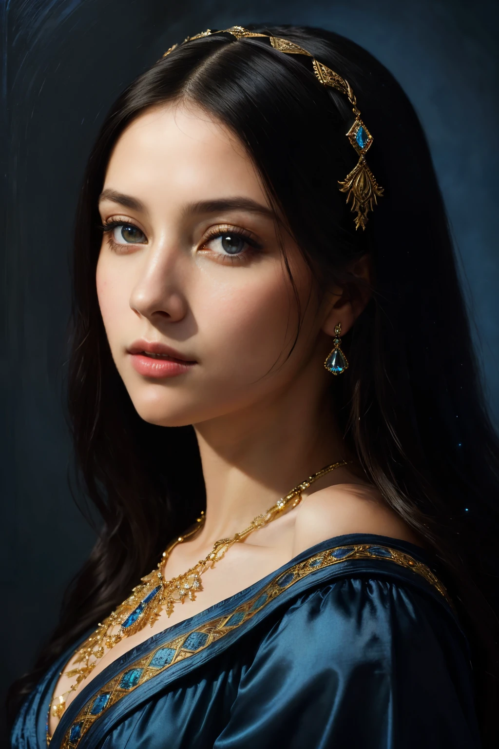 Masterpiece, a beautiful woman with a European aesthetic and medieval appearance, ((Mona Lisa:Cleopatra:0.5)), cool colors dominating the scene, a chromatic background of black and dark blue. The image is filtered with a dark blue tone, enhancing the crystal details of her eyes, featuring crystal lighting. The resolution is 4k, with cinematic lighting adding to the realism and photorealistic depth of the portrait. The sharpness of details is highly emphasized, bringing out the intricacies of her features. Realistic textures and lifelike details bring the portrait to life, inviting the viewer to appreciate the woman's timeless beauty. (Canon EOS