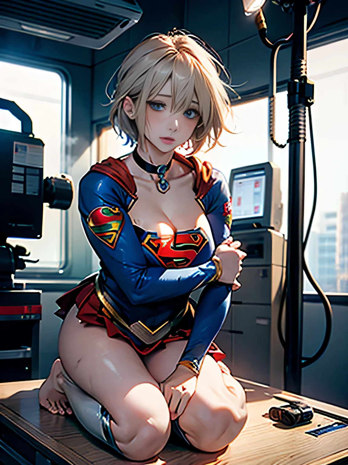 masterpiece、Injured short-haired Supergirl being examined on the operating table in the operating room.、tattered clothes、big and full breasts、look at the camera、shiny costume、milking machine、thick rubber hose、cloudy liquid、Bukkake、Covered with lotion、medical equipment、choker、exhausted、long sleeve、barefoot、red mini skirt、bandage