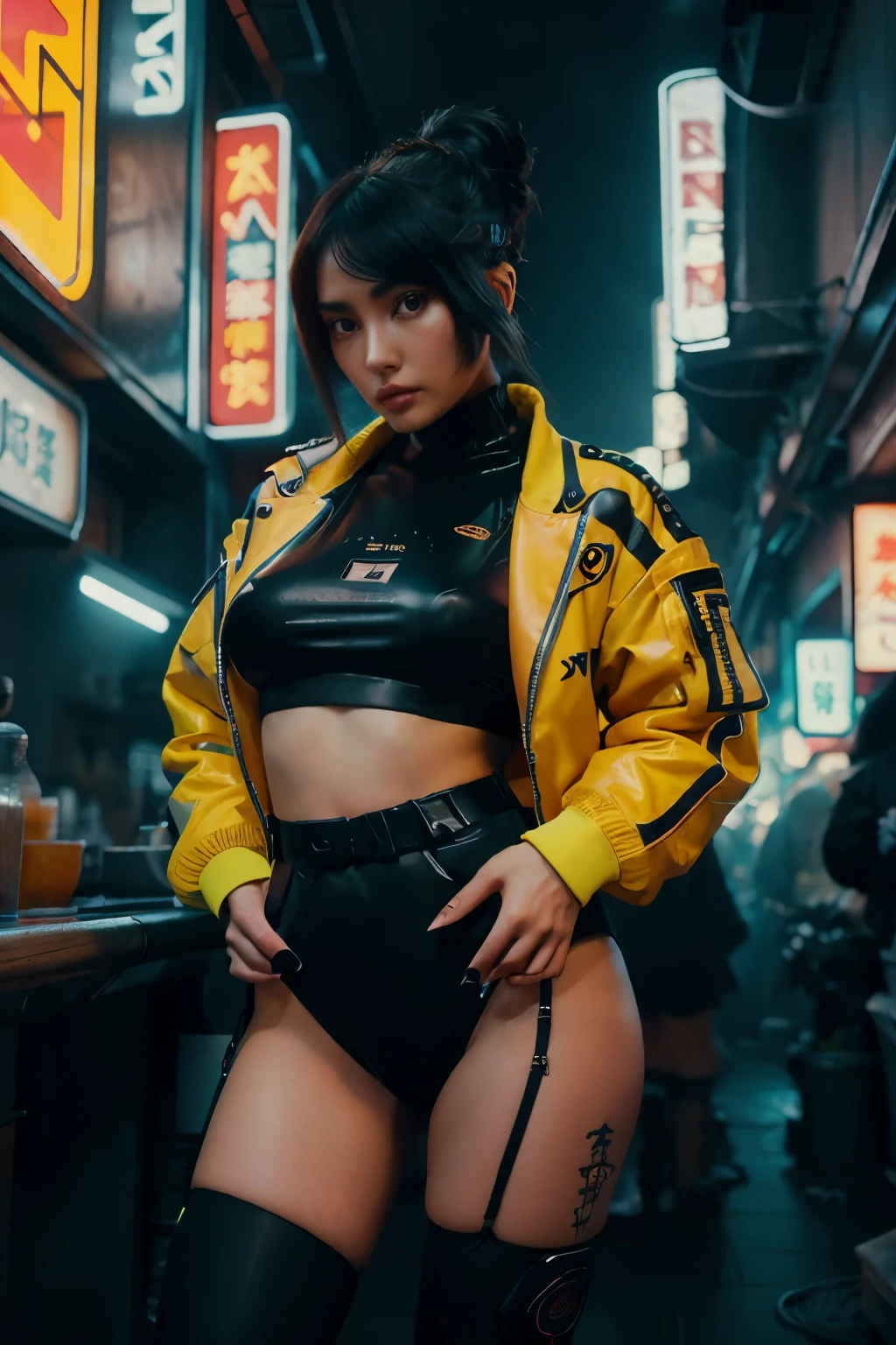 16K, Realistic photographic image, Masterpiece, Shot with a SLR camera, Canon, aperture 1.8, Hyperrealism, 1 girl in the frame, Chinese girl, similar to Linda Evangelista in her youth, futuristic image, cyberpunk style, dark hair in a tight bun , She stands at full height, wearing an acid green MEGA oversized jacket, her hands in the pockets of the jacket, transparent black tights on her legs, against the backdrop of a gray gloomy cyberpunk city, in the background there are neon signs, on the signs it is written in Chinese.