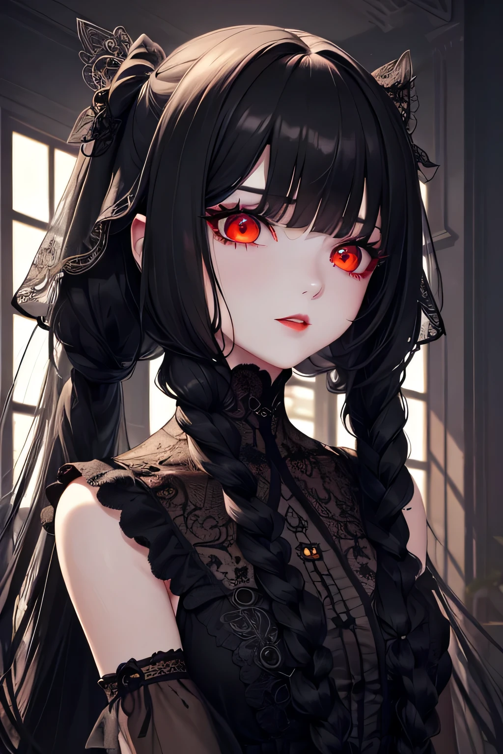 1 girl,Depp's Sense,confused,catch light,Super beautiful illustration,(plant magic,Plant manipulation),((black color,long hairstyles:1.3)),dark dark eyeshadow,bright red lipstick,Gothic Lolita,;d,beautiful and delicate hair,(((delicate and detailed red eyes))),green light effect,green aura
