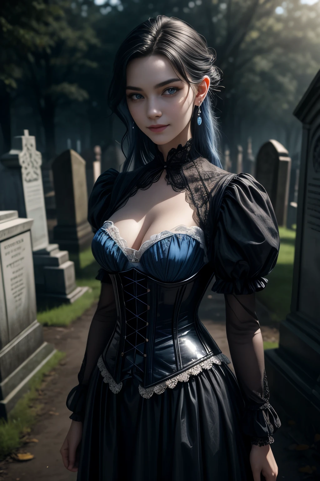 Cinematic film still, 1girl, new gothic gal, crocheted, 25yo, pale skin, innocent smile, ((ears pierced)), latex corset, ((detailed face)), (detailed skin), moist, intricate details, shallow depth of field, background creepy victorian age cemetery [volumetric fog], (cowboy shot), cinematic lighting, reflections, photographed on a Canon EOS R5, 50mm lens, F/2.8, HDR, 8k resolution, full body, aged down, black hair with blue sheen, blue eyes