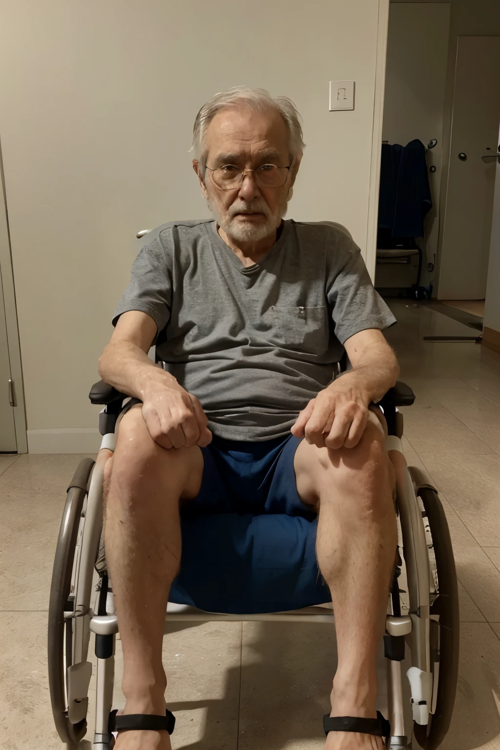 frail old man，Left limb paralysis，sitting in wheelchair，The expression was indifferent，Gastric tube inserted into nasal cavity，describe haggard，The left lower limb was noticeably thinner，Cartoon drawing