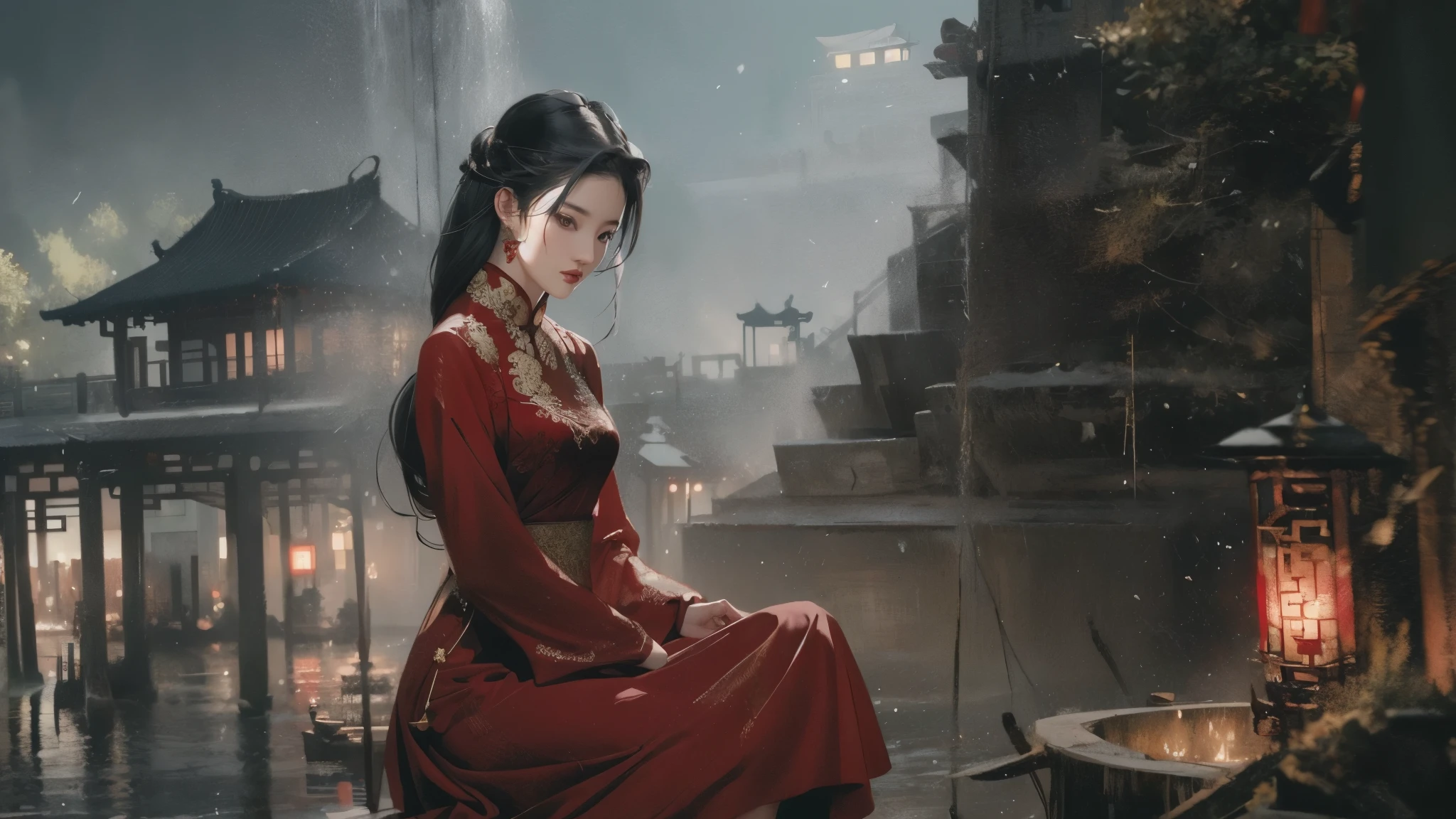 liuyifei, 1girl, Solo, red tradition Chinese dress, flat chest, shanghai landscape, Simple background, White background,