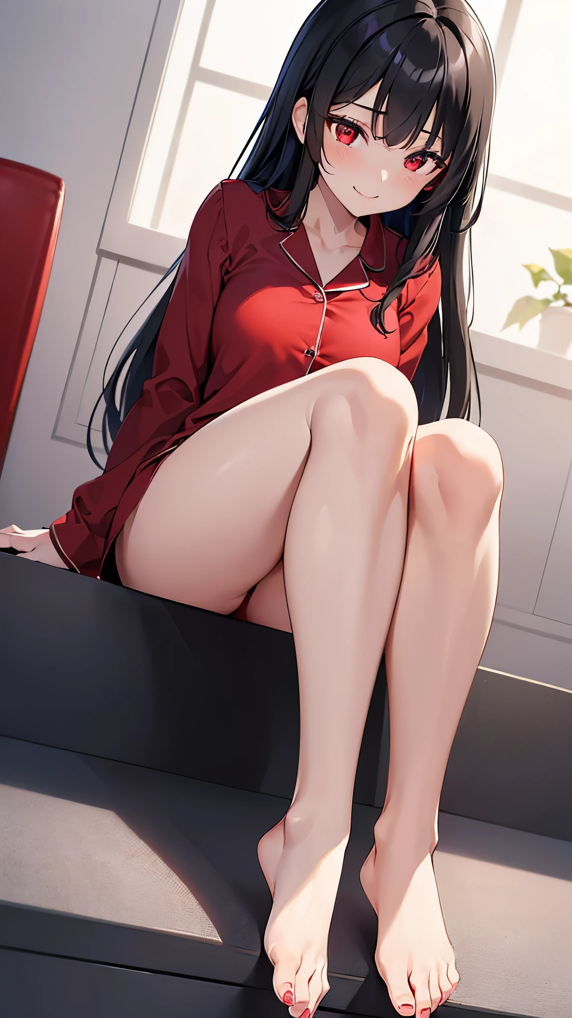 ((immensely beautiful one feet one toe)), ((low-angle close-up to feet)), (push one's feet forward), sit down on floor (solo:1.3 straight black hair long hair (female dominance girl) cute red eyes) 17 yo happy smile, in a no exposure red pajamas, (masterpiece:1.3, best quality, 8k, beautiful detailed grow).