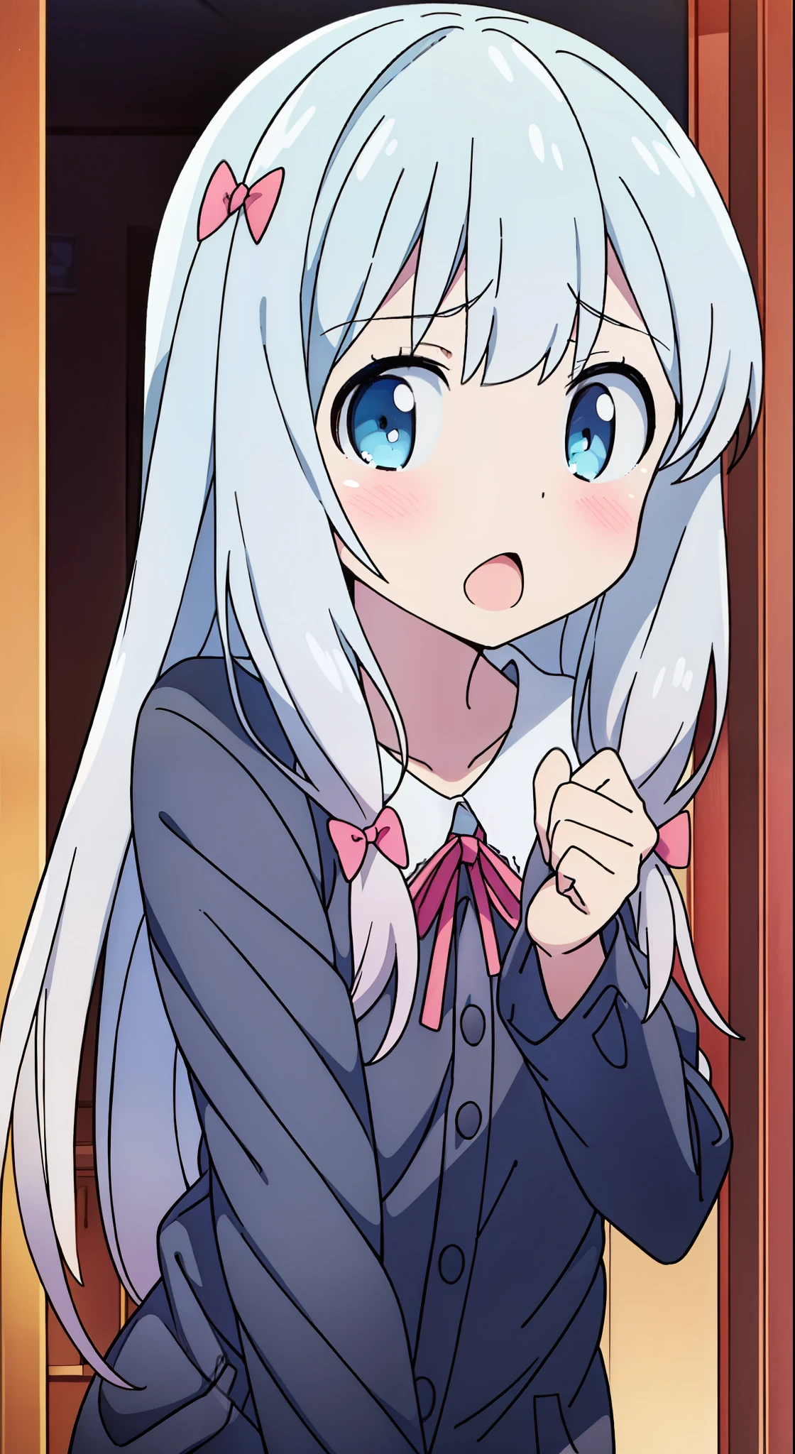 (highest quality、masterpiece: 1.2)、1 girl、long hair、solo、blue eyes、blush、ribbon、gray hair、髪のribbon、ピンクのribbon、look at viewer、pajamas、ピンクのshirt、shirt、blush、open your mouth、surprised expression