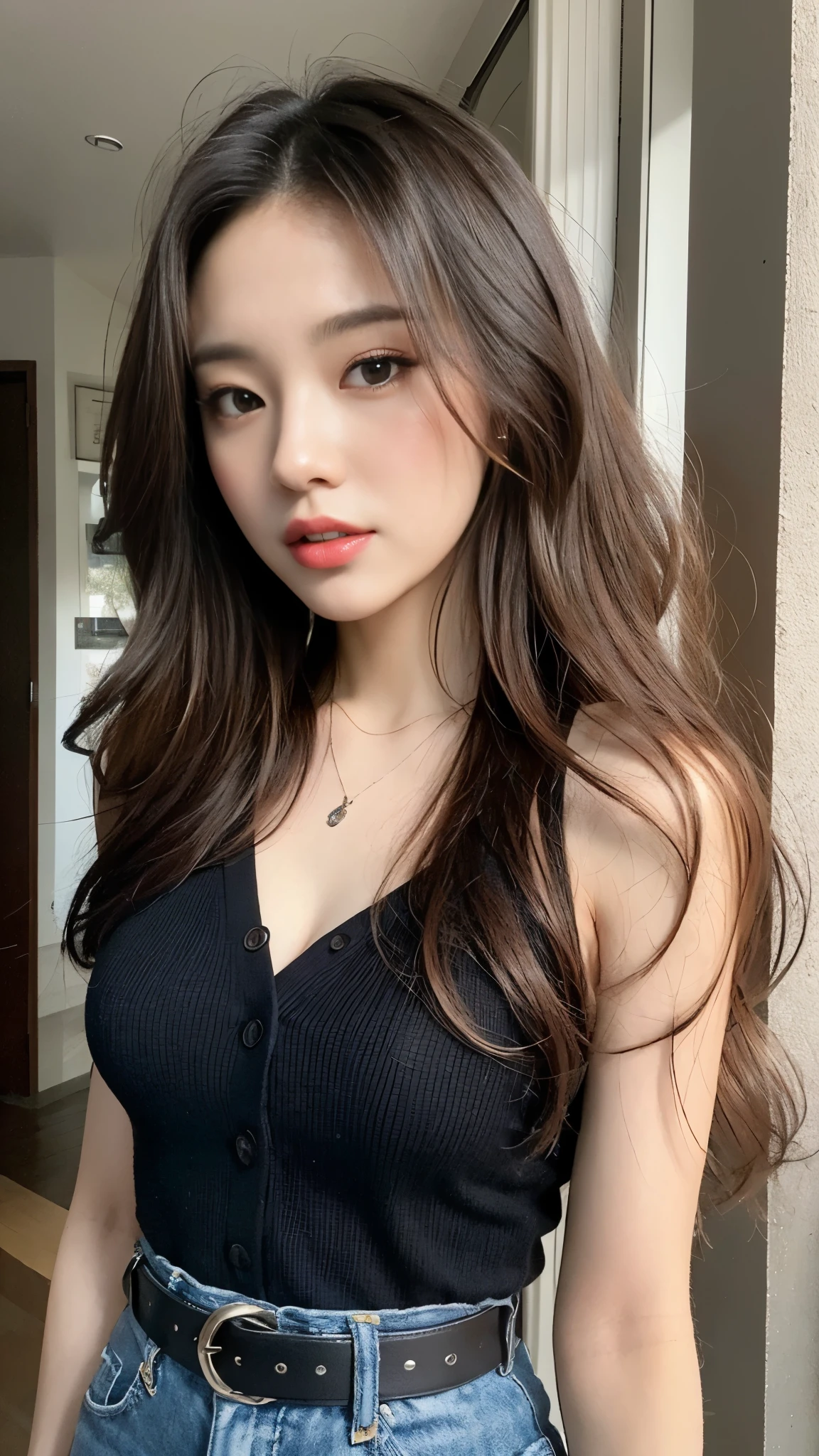 (best quality, high resolution, masterpiece :1.3), Tall and pretty woman, slim abs, Dark brown hair with loose wavy styling, chest, wear a pendant, White button-up shirt, belt, black skirt, (Modern architecture in the background), Exquisitely detailed details on the texture of the face and skin, detailed eyes, double eyelid
