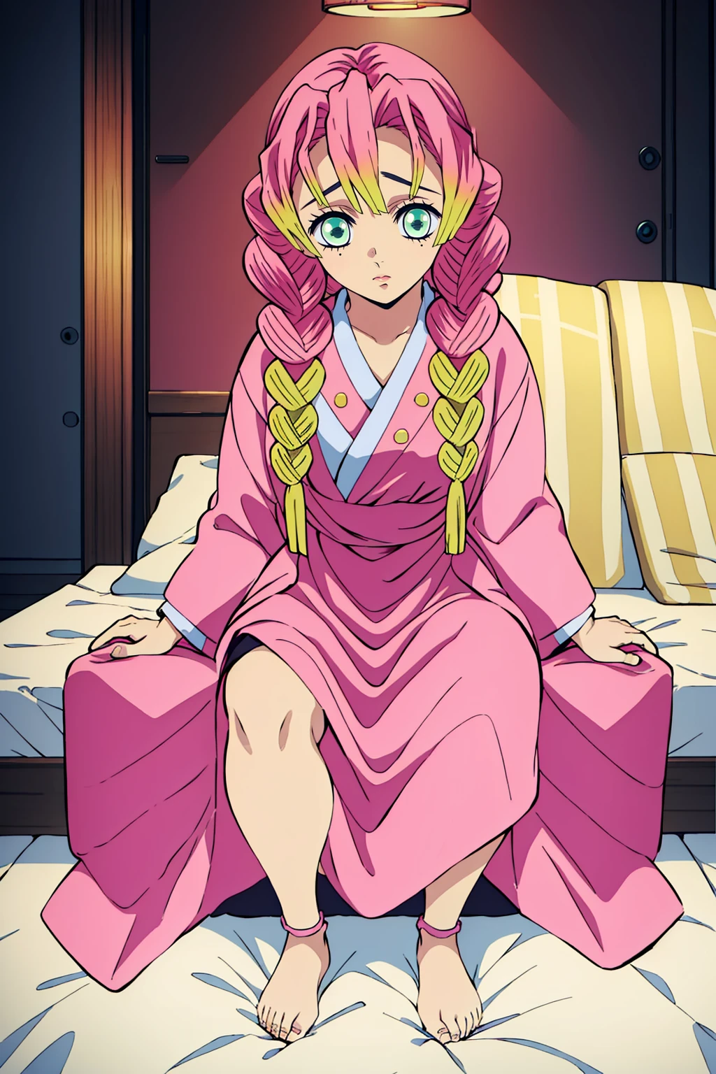 (masterpiece, Better Quality), 1girl, Mitsuri Kanroji 、original outfit, Thin fabric、sexy pose、sitting on the bed