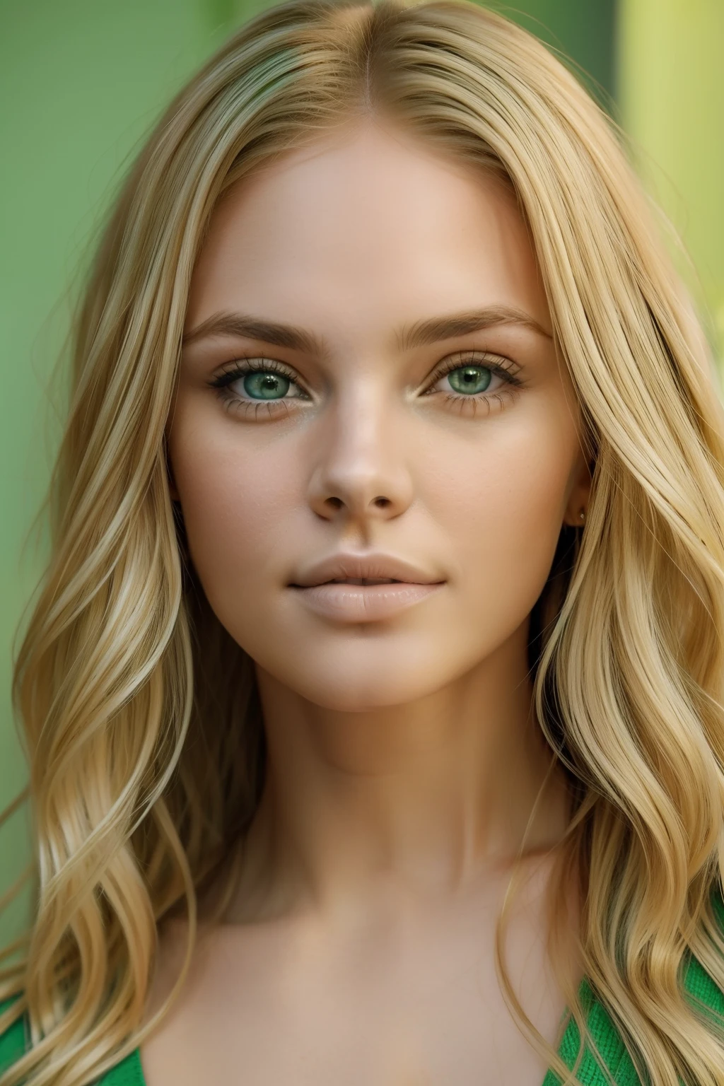Cara linda, mujer rubia con cabellos ondulados, ojos verdes claros y brillantes, un rostro hermoso y bien define. (Beautiful woman, blonde with wavy hair, green eyes, a beautiful and well-defined face.)